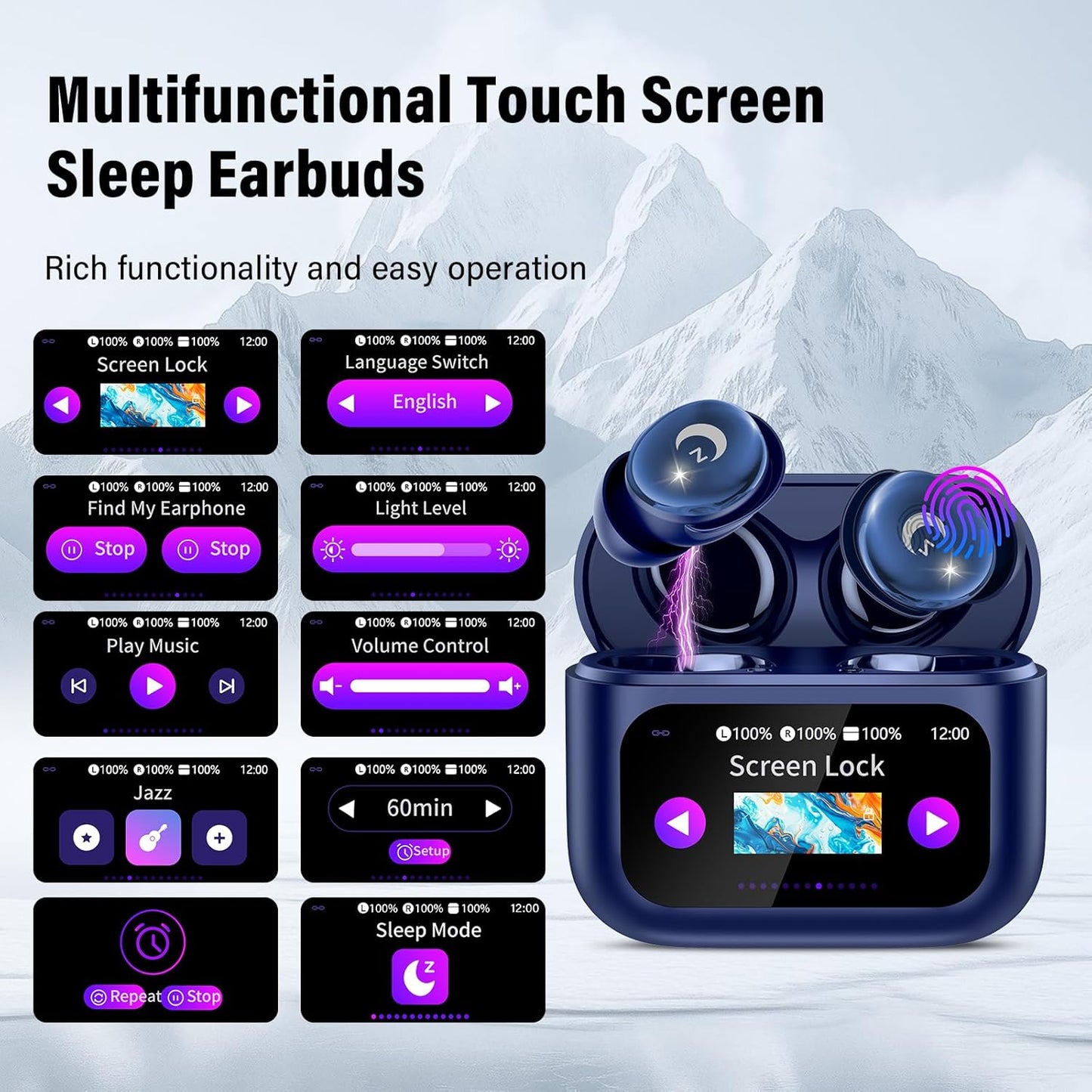 VEKJ Sleep Earbuds, Bluetooth 5.4 Mini Wireless Ear Euds with Multifunctional Touch Screen, 48H Bass Stereo Headphones with Sleep Mode/5 EQ Modes/ENC Noise Cancelling, IPX7 Earphones for iOS Android