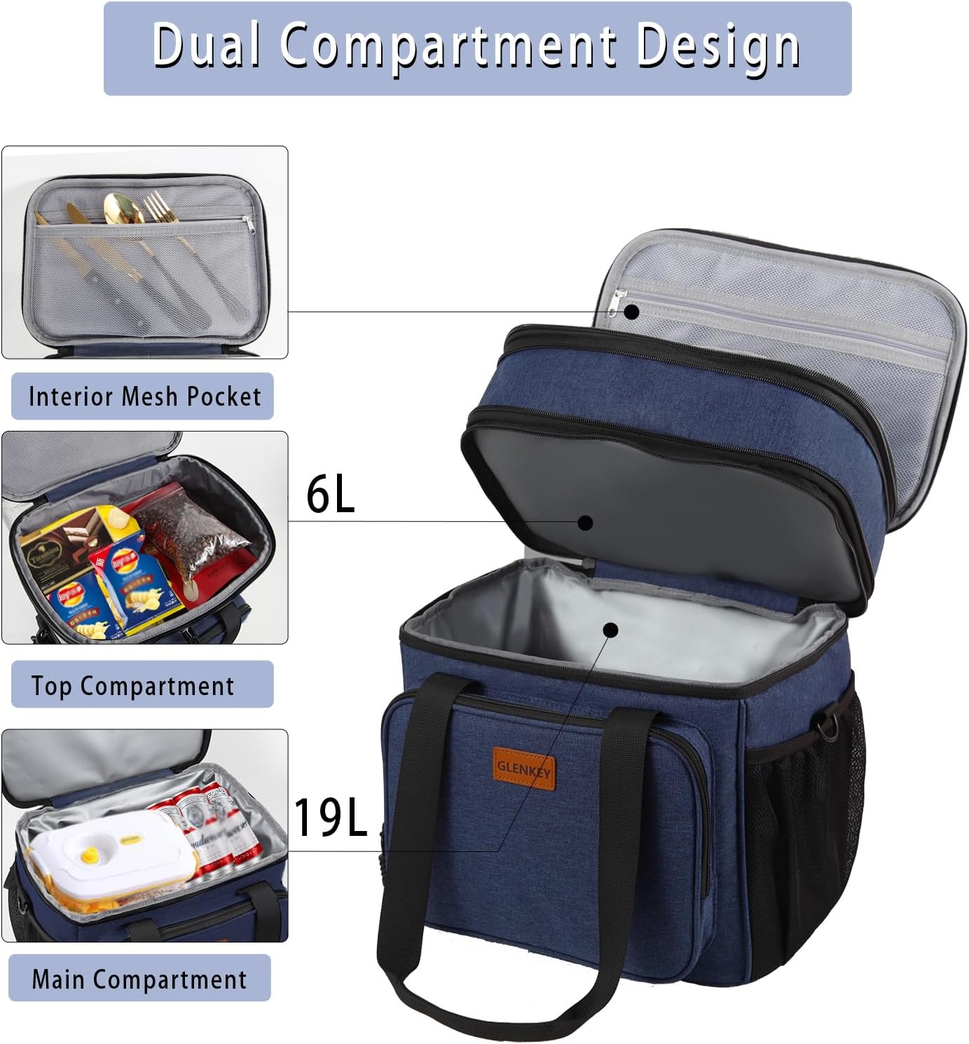 Expandable Large Lunch Bag, Double Deck Insulated Lunch Box Leakproof Durable Soft Cooler Bag for Men Women Adults Work Construction Beach Picnic Daytrip,16L,Black, GLENKEY