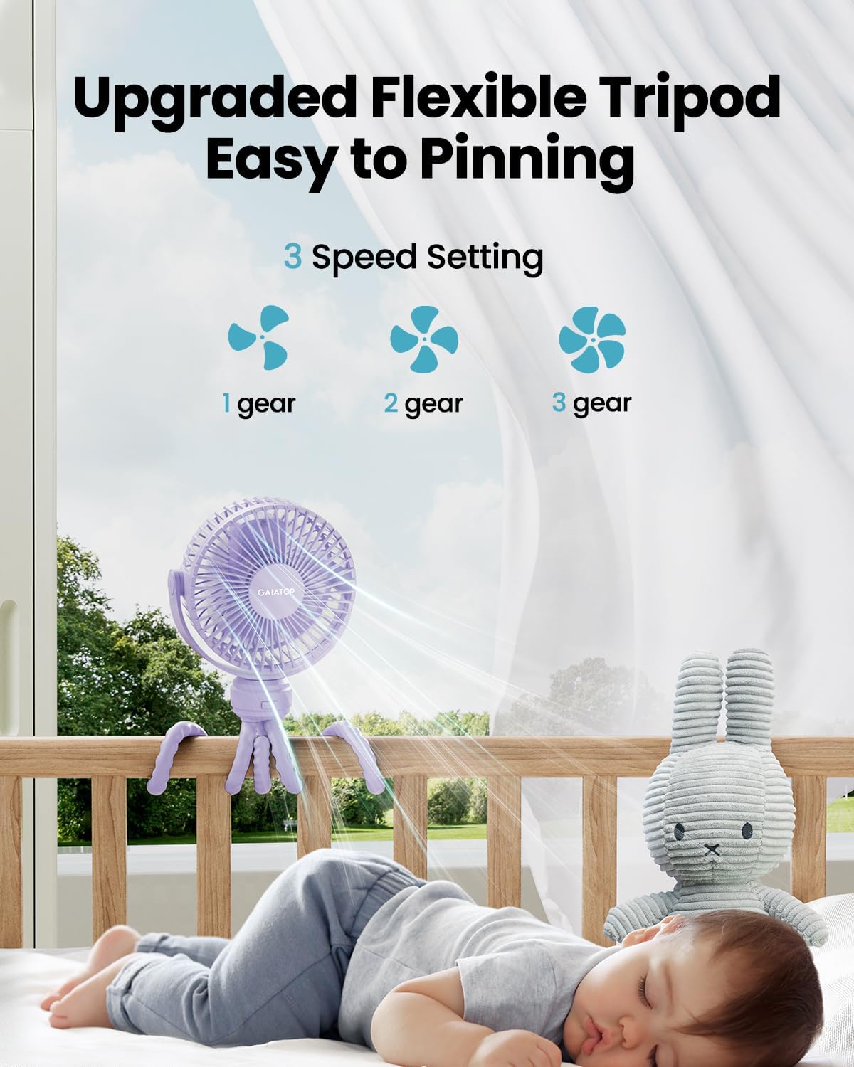 Gaiatop Mini Portable Pram Fan, Rechargeable Small Clip on Fan for Stroller, Detachable 3 Speed 360 Degree Rotate Flexible Tripod Handheld Desk Cooling Car Seat Crib Treadmill Travel Black