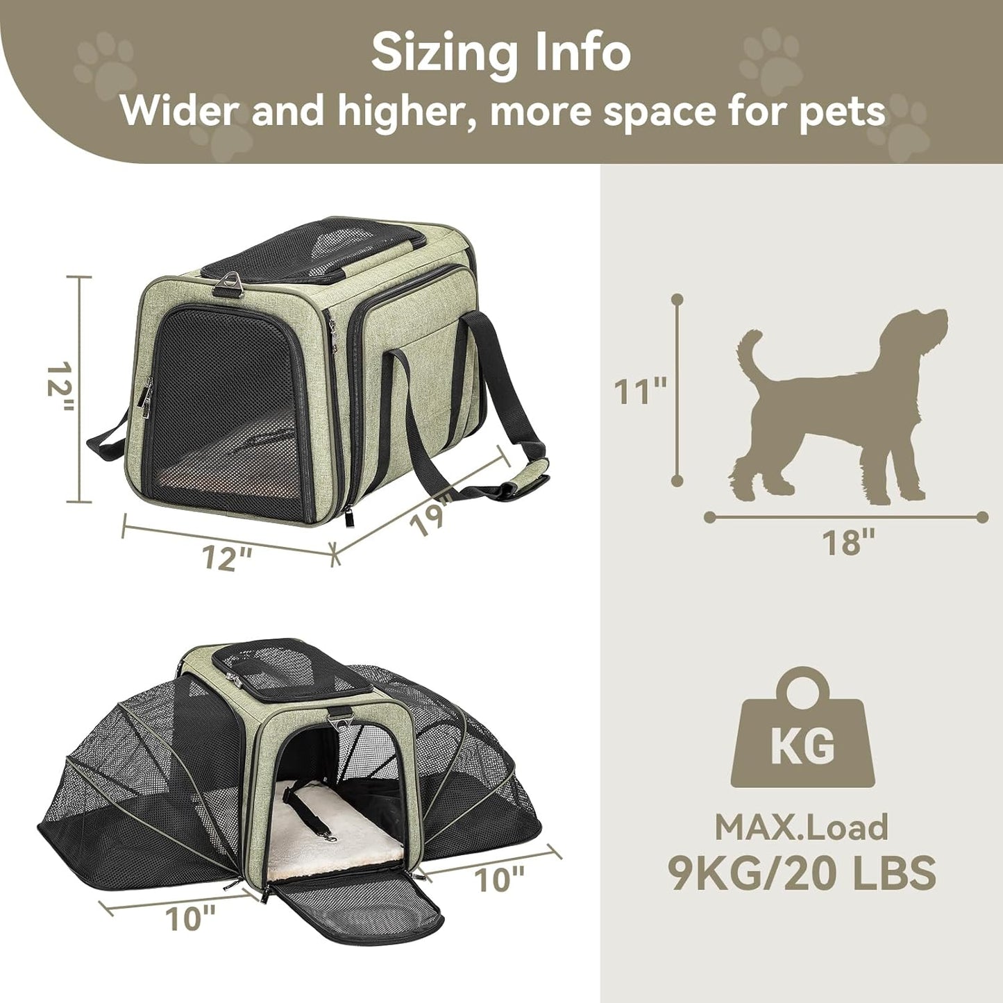 Petsfit Expandable Cat Dog Carrier Airline Approved, 17" L x 11" W x 11" H Soft-Sided Portable Pet Travel Carrier for Kitten, Puppy, Removable Soft Plush Mat and Pockets, Auto-Locking Zippers