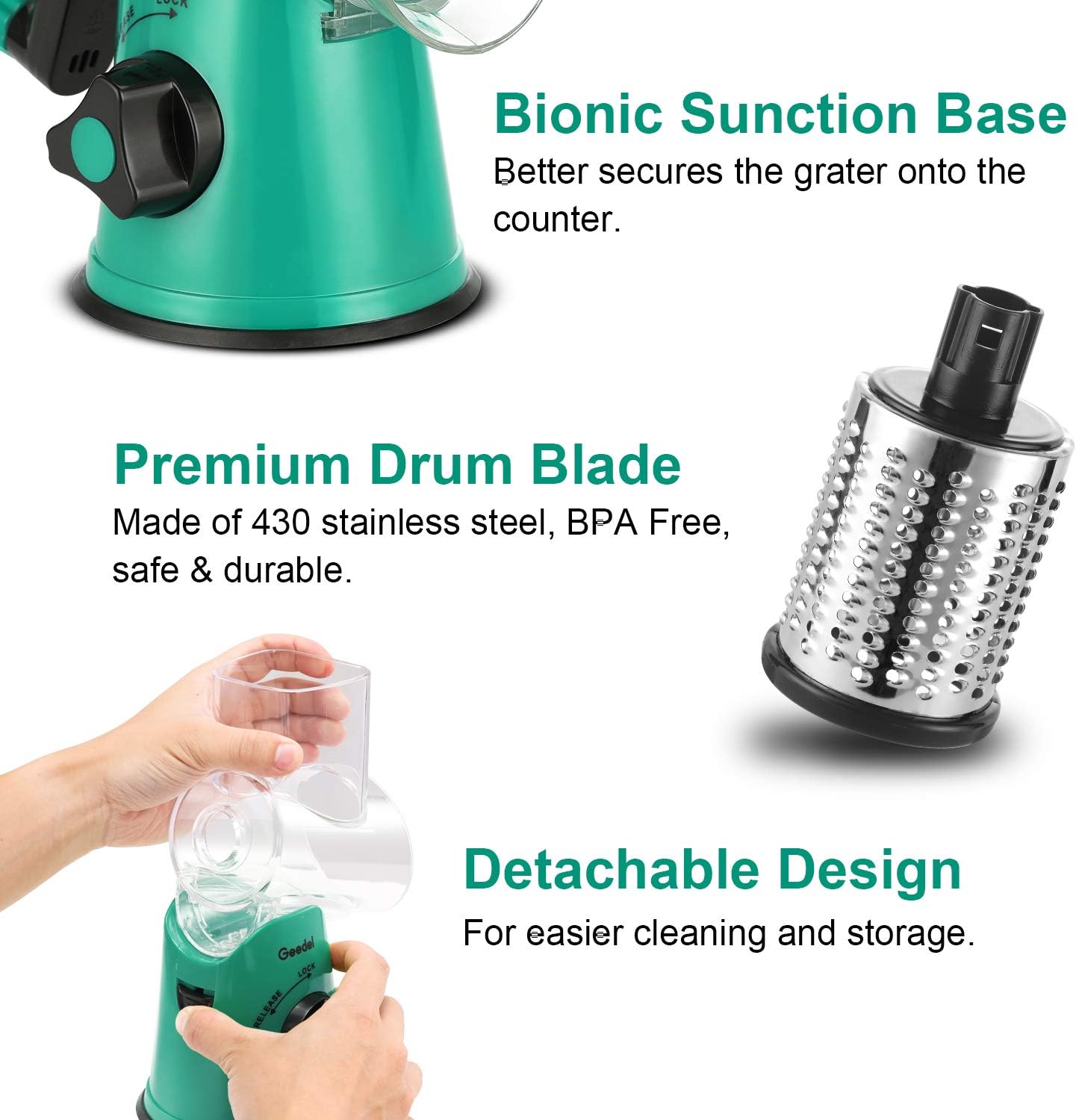 Geedel Kitchen Cheese Grater, Rotary Mandoline Vegetable Slicer with Interchangeable Blades, Easy to Use Rotary Grater Slicer for Fruit, Vegetables, Nuts