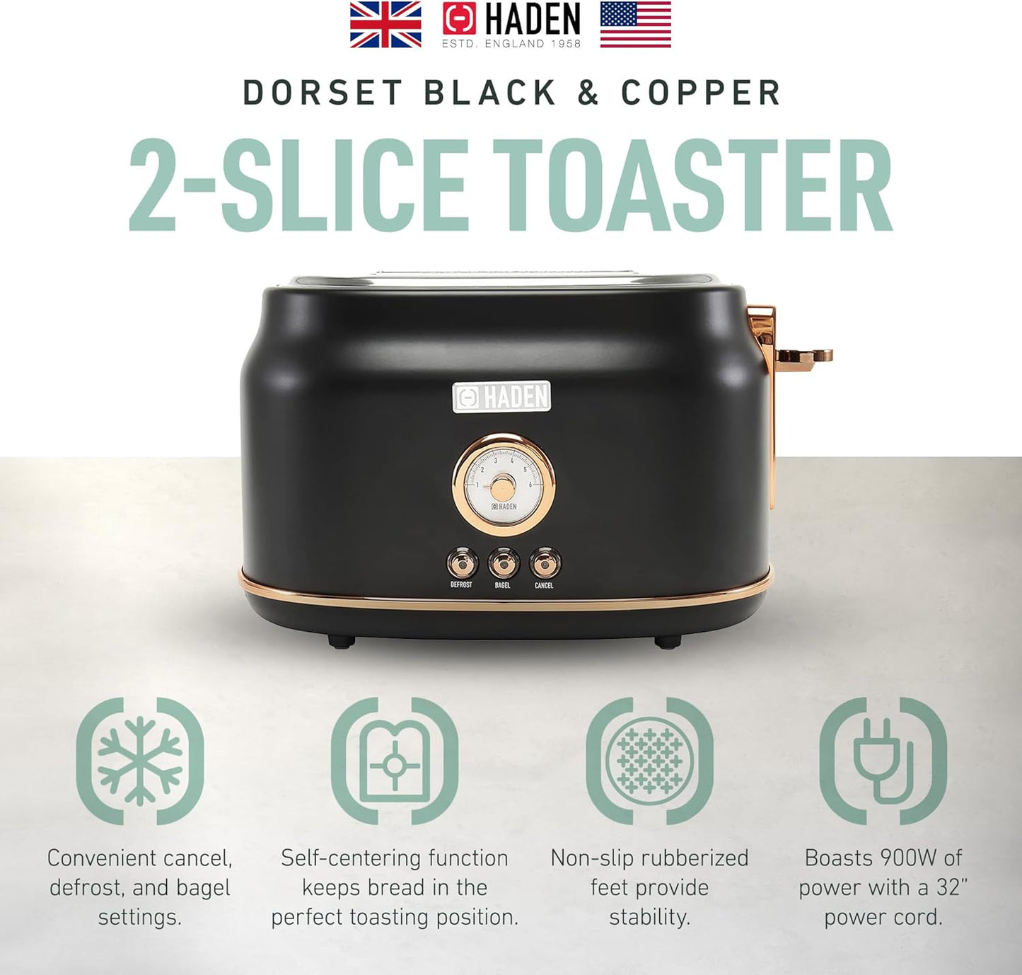 Haden Dorset 75083 Stainless Steel 1500W Retro Toaster 4 Slice Wide Slot w/Removable Crumb Tray and Settings, Black/Copper Toasters w/Adjustable Browning Control, Smart Toaster