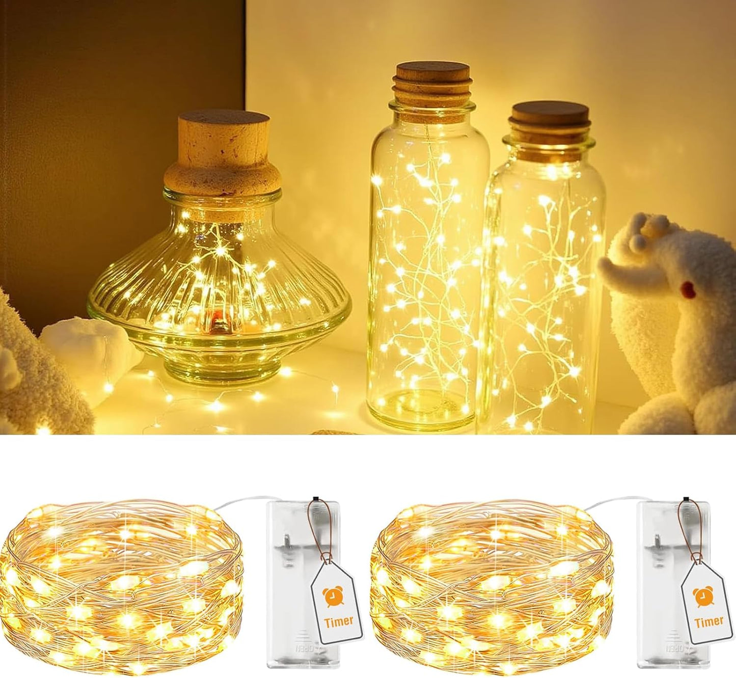 AlldGuo 2-Pack Fairy Lights Battery Powered – 2M 20 LED Warm White Twinkle Lights with Timer, Flexible Silver Wire Indoor String Lights for Bedroom, Christmas, Halloween, Party, DIY Decor