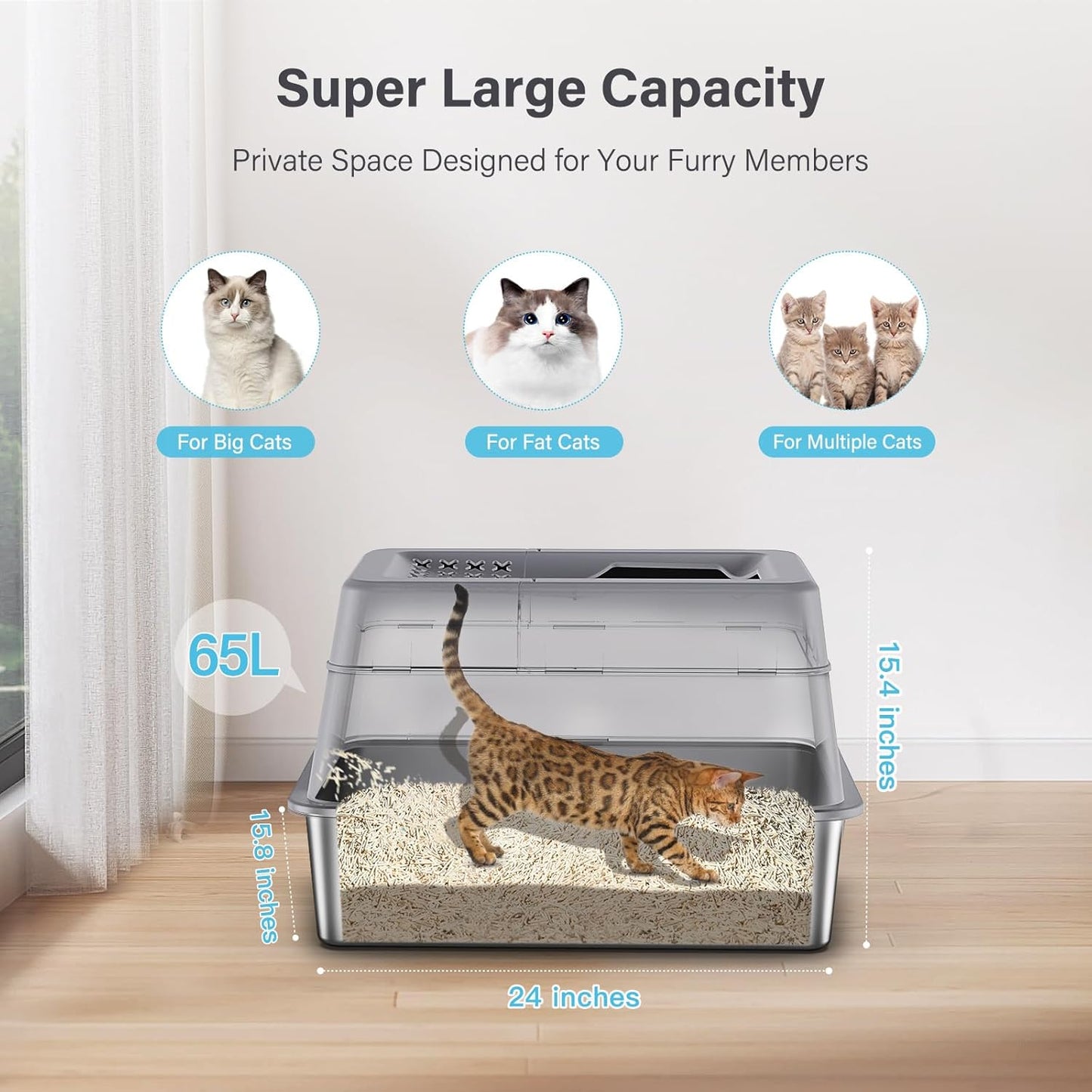 Stainless Steel Litter Box with Lid, XL Extra Large Enclosed Cat Litter Box for Big Cats 110° Flip Cover, Top Entry Metal High Sided Litter Box & Pedal & Scoop, Anti-Leakage (Grey)