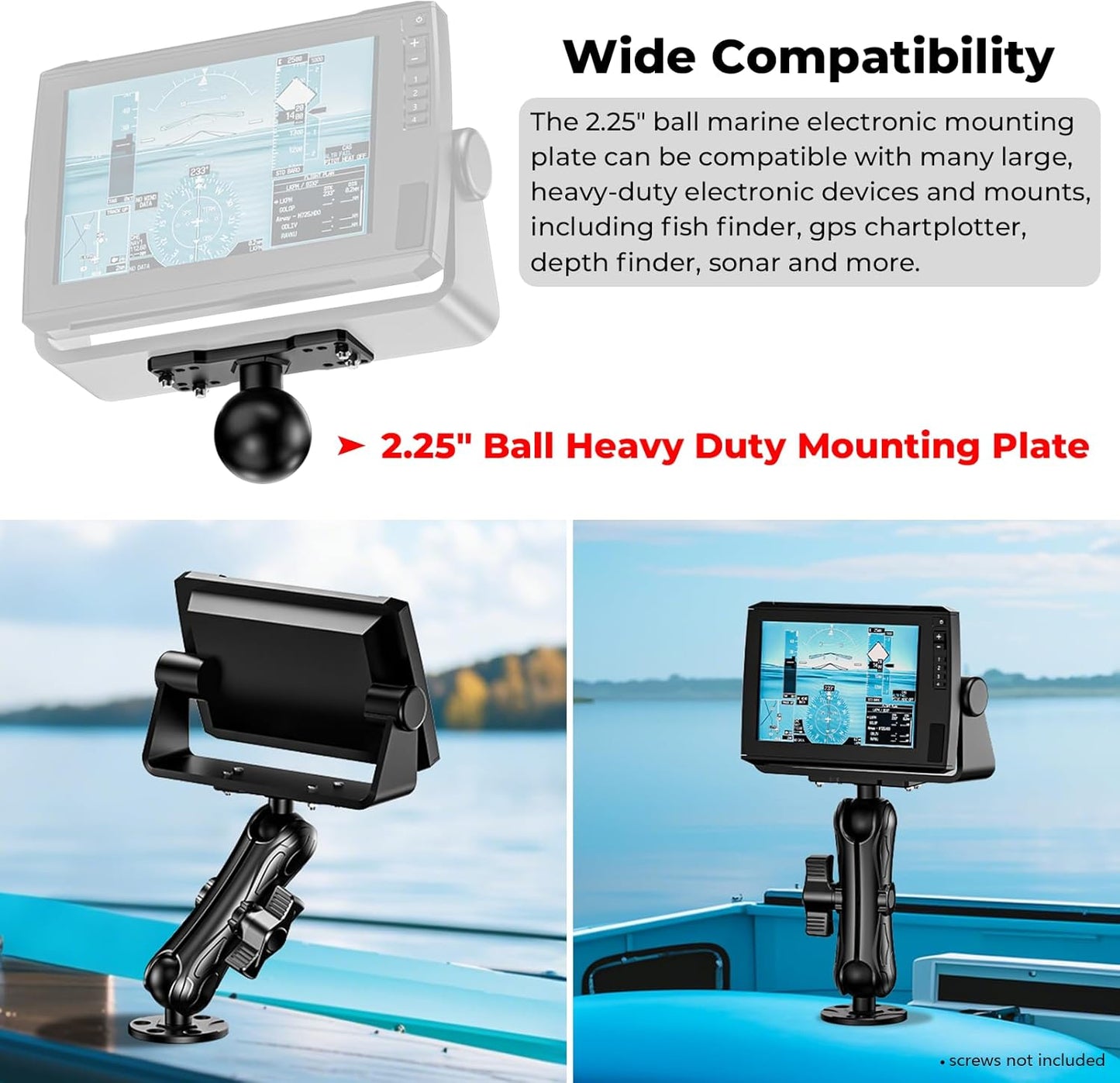 VAZESWIN 2.25" Ball Large Fish Finder Mount, Aluminum Alloy Universal Marine Electronic Mounting Plate for Garmin, Lowrance and More, Compatible with RAM Mounts D Size 2.25" Ball Double Socket Arm