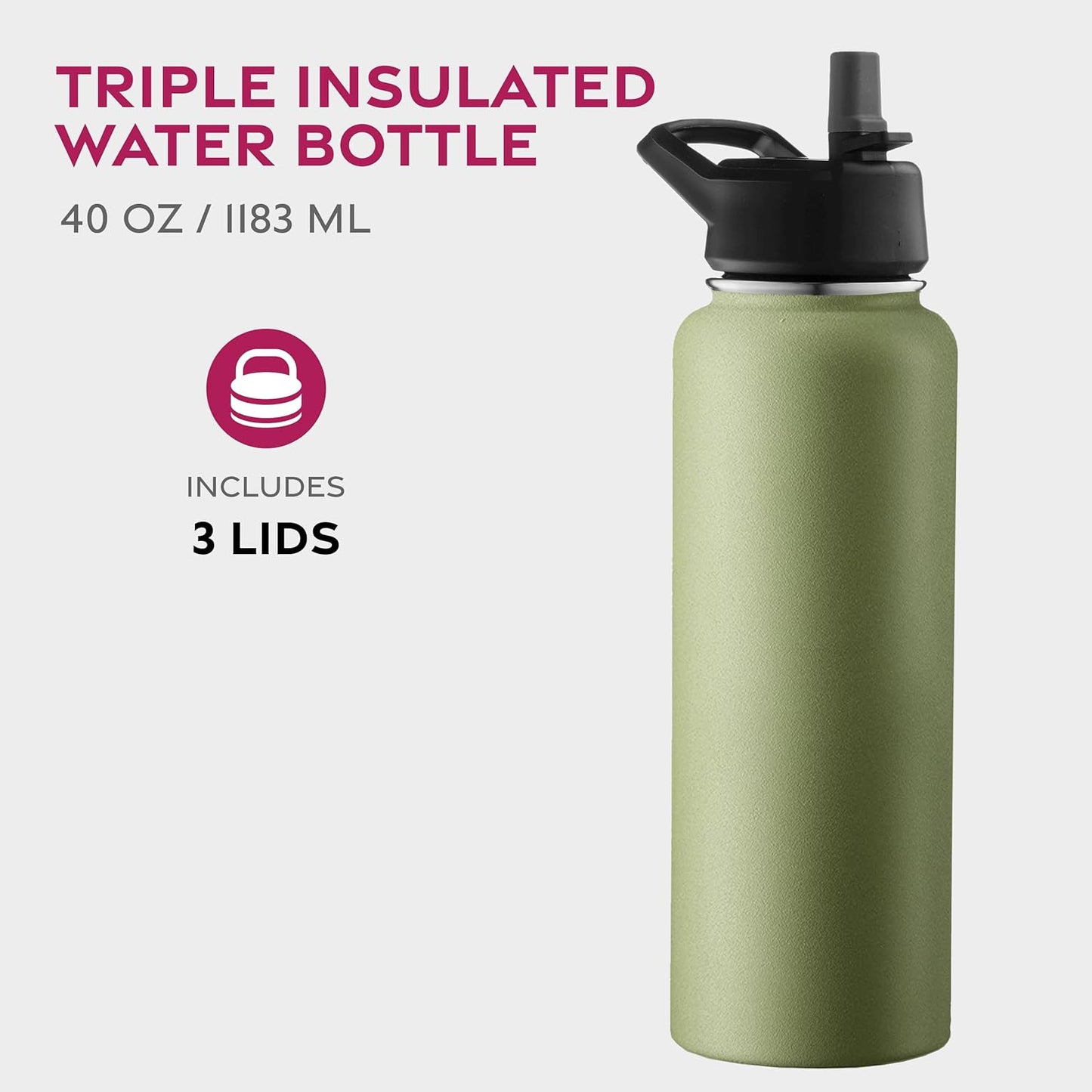 FineDine Water Bottle - Stainless Steel Insulated Water Bottle with Straw Lid, Flip Lid & Wide-Mouth Cap - Keeps Hot and Cold - 25 Oz / 739ml - Pure Pearly White