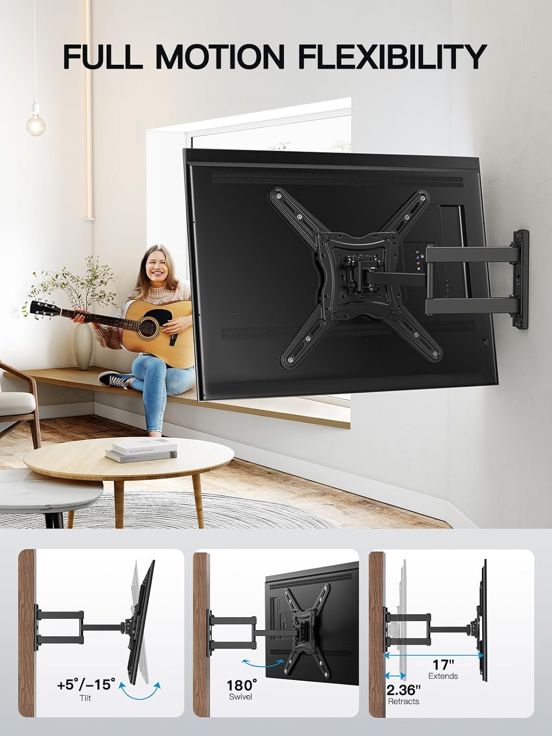 Pipishell Full Motion TV Wall Mount for Most 26-60 Inch Flat Curved 4K TVs, Up to 77lbs and VESA 400x400mm, Single Articulating Arms TV Bracket Support Swivel, Tilt, Level Adjustment