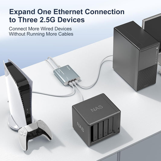 2.5G Ethernet Splitter Switch RJ45, Expand 1 Network Port to 3 Devices VunLink 2500Mbps Network Expander with PoE Input & USB-C Power, VLAN Isolation, Plug and Play for Router, PC, NAS