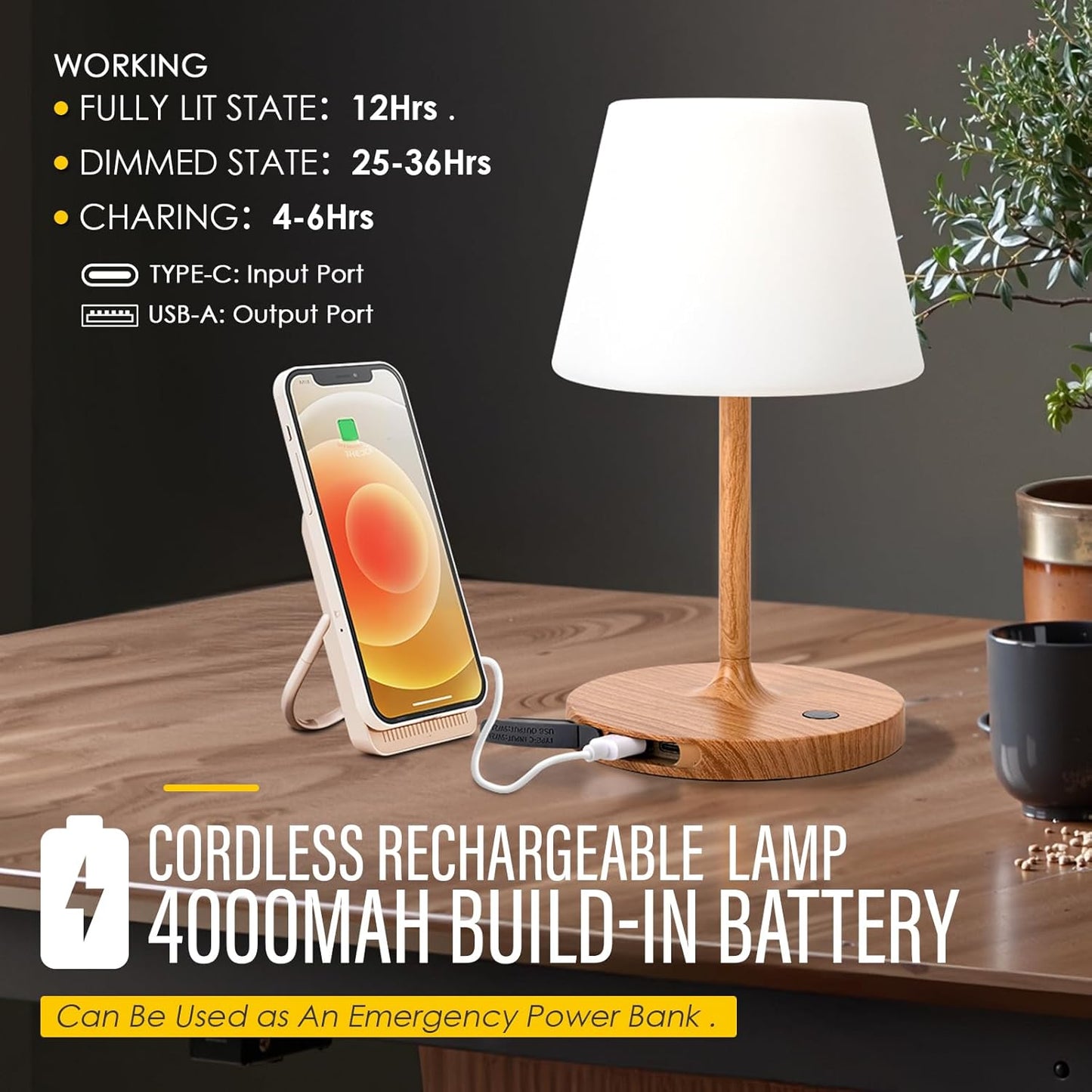 Cordless Outdoor Touch Table Lamp, Waterproof Small Shower Lamp, 4000mAh Battery Operated Rechargeable Dimmable Desk Lamp for Patio, Restaurant, Camping, Home-Wood Grain