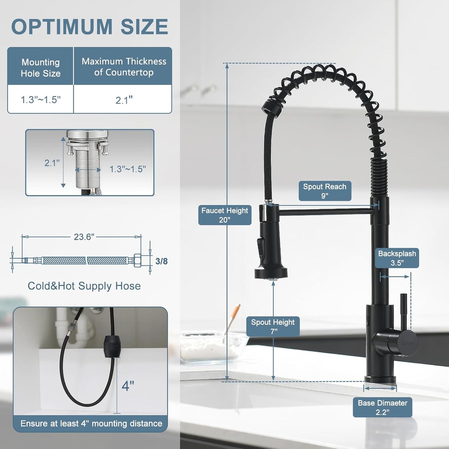 GIMILI Matte Black Kitchen Faucet with LED Light,Single Hole Spring Kitchen Sink Faucet with Pull Down Sprayer