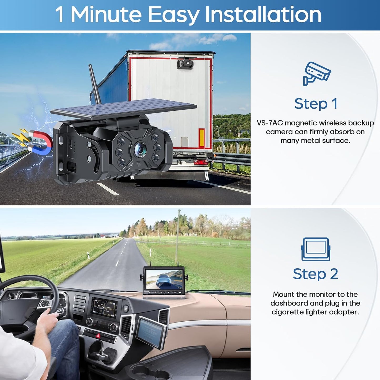Magnetic Solar Wireless Backup Camera No Installation VASTEND 7'' Rear View Camera for Car No Delay 10000mAh Rechargeable RV Backup Camera 1080P for Truck Trailer Camper (VS-7A)
