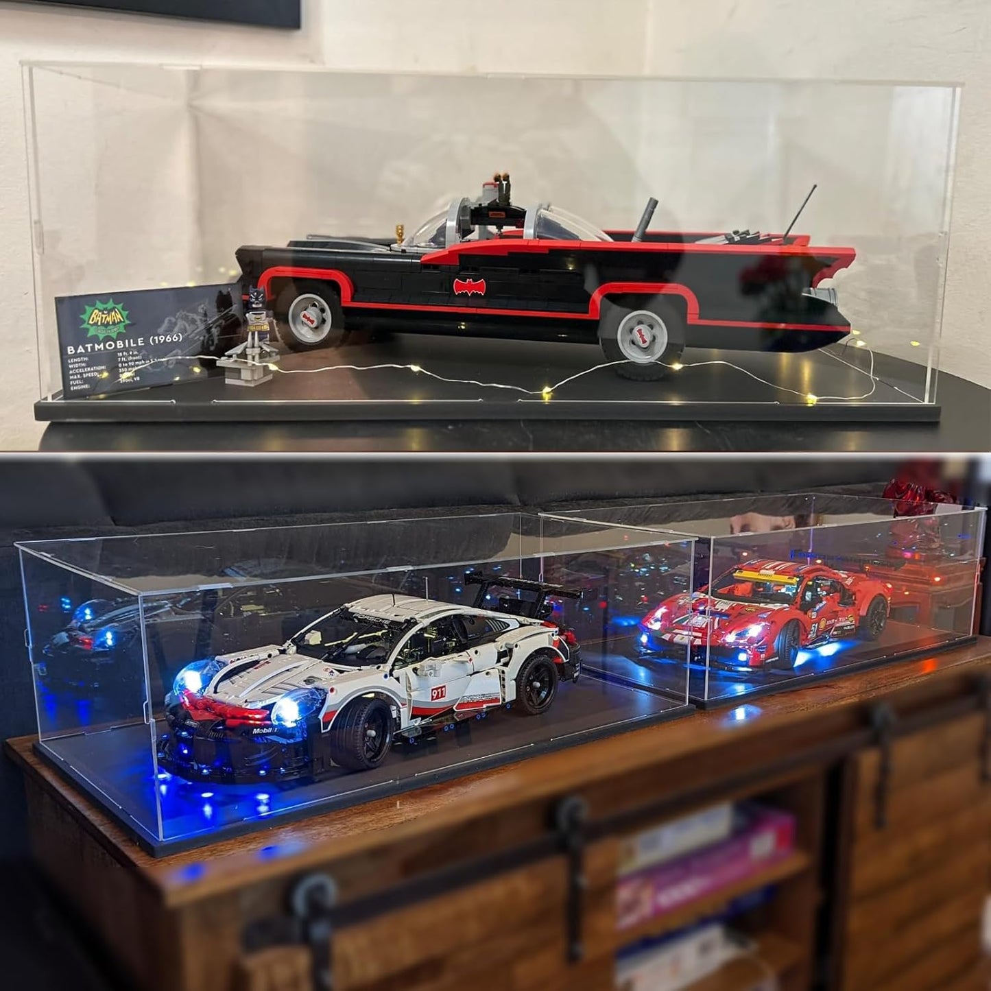 Thickened Clear Acrylic Display Case for Lego 10330 43268 76450 42170 10295 10353 Collectibles, Transparent Box Dustproof Protection with Wood-Plastic Base & String Light, Black Inside 40x20x20cm