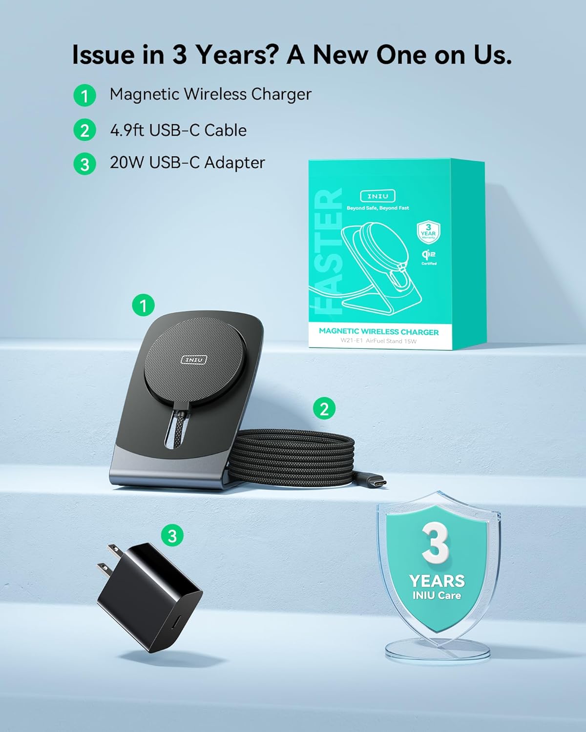 INIU Wireless Charger, 15W Fast Charging Magnetic Wireless Charger Stand, Travel Essential Wireless Charging Station with Sleep-Friendly Adaptive Light, for iPhone 16/15/14/13/12 Series, Airpods
