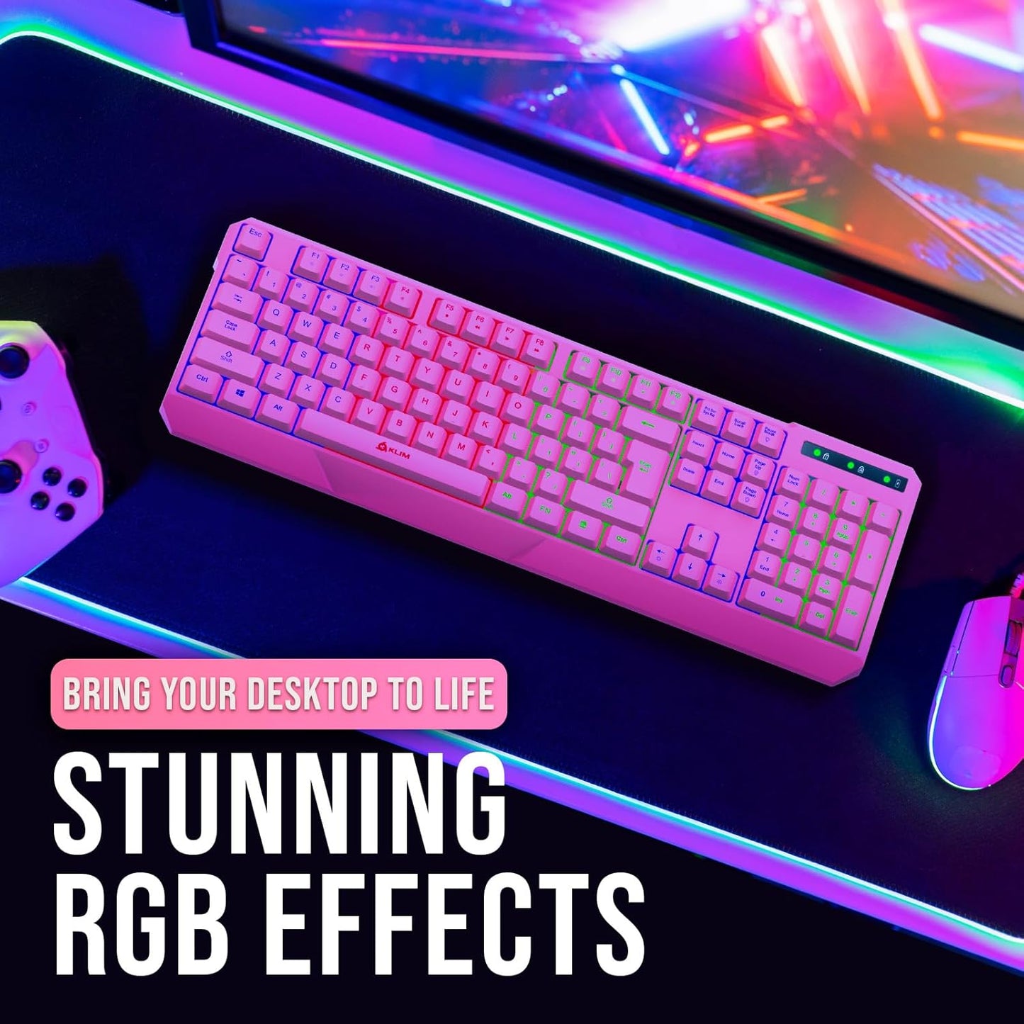 KLIM Chroma Wireless Gaming Keyboard RGB New - Long-Lasting Rechargeable Battery - Quick and Quiet Typing - Water Resistant Backlit Wireless Keyboard for PC PS5 PS4 Mac - Black