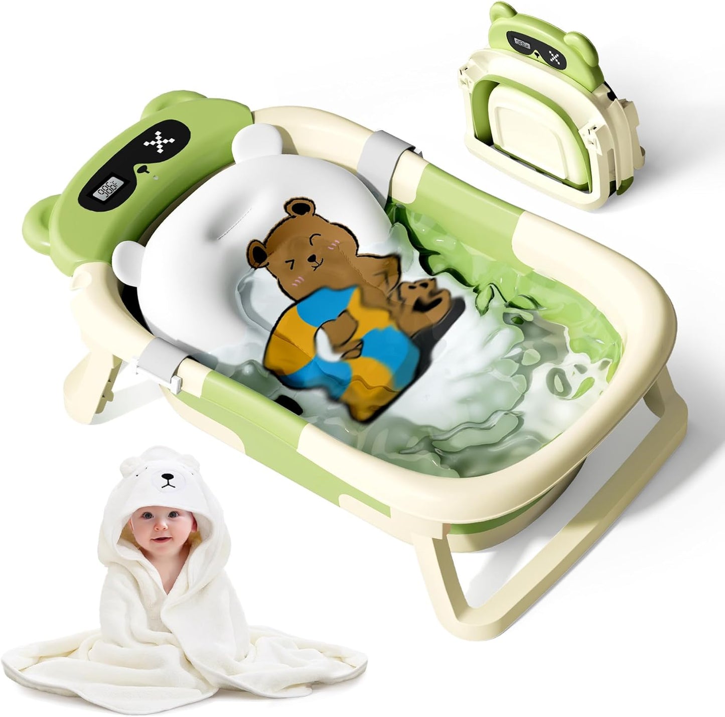 Kerbwry Baby Bathtub for Newborn to Toddler, Baby Bath Tub with Soft Towel and Floating Cushion, Baignoire Pour Bébé, Shower Essentials for Newborn (0-18 Months) Grey