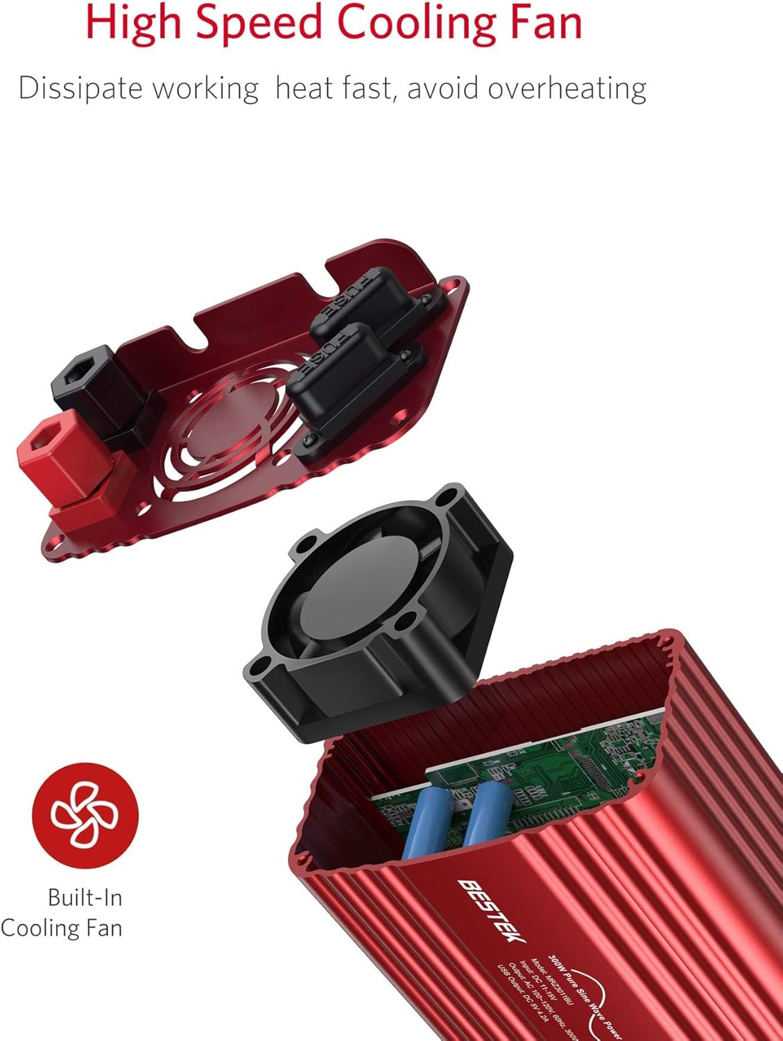 BESTEK 300Watt Pure Sine Wave Power Inverter - DC 12V to AC 110V Car Plug Inverter Adapter, Power Converter with 4.8A Dual USB Charging Ports and 2 AC Outlets Car Charger