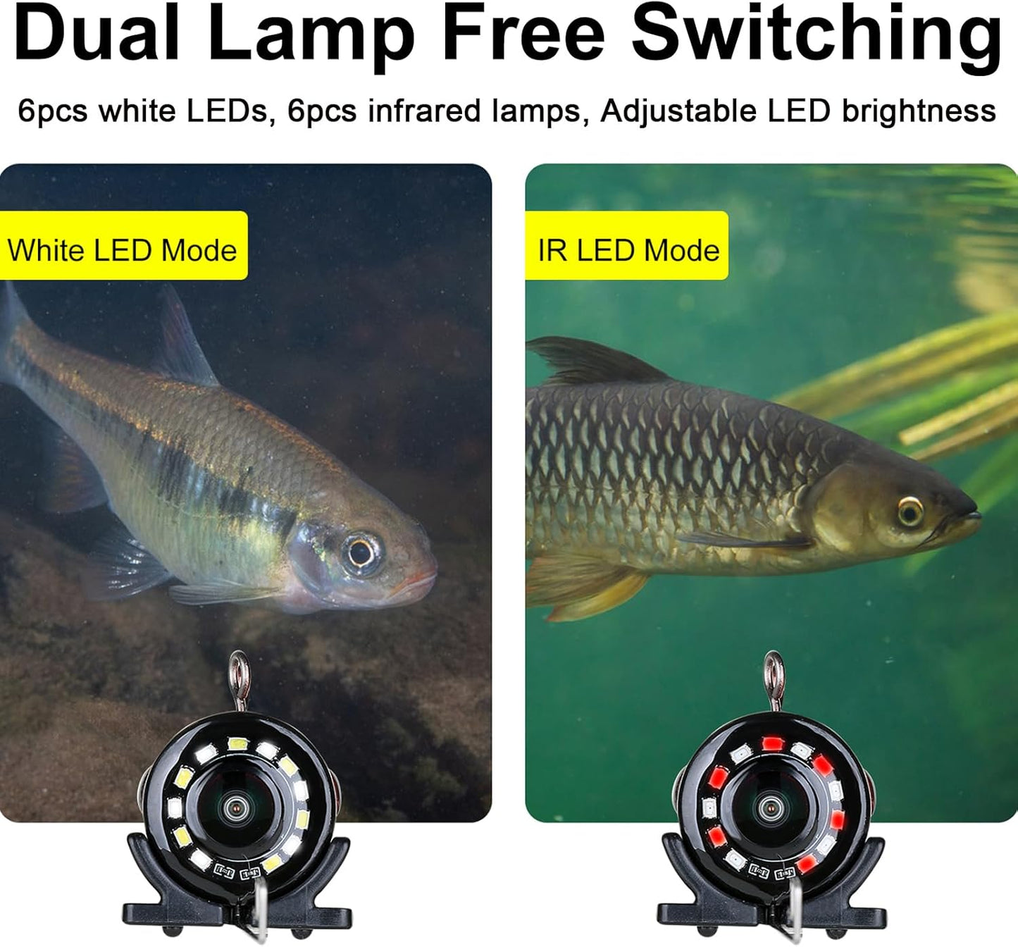 Underwater Fishing Camera for Rod, 5 Inch LCD Monitor with 1080P Portable Fish Finder, Adjustable LED White Light, 15M Cable Aluminum IP68 Camera for Ice Lake Sea Boat Kayak Fishing