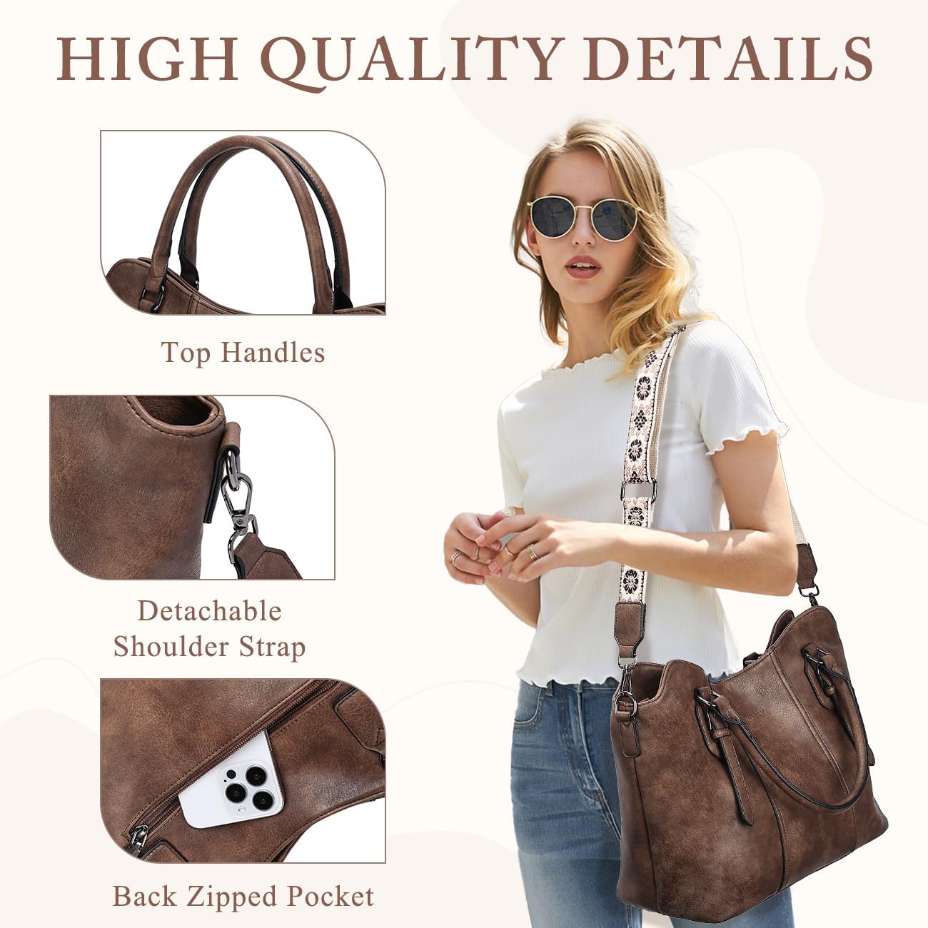Hobo Bags for Women,VASCHY Vegan Leather Handbag Purse Top Handle Satchel Boho Shoulder Bag with Crossbody Guitar Strap