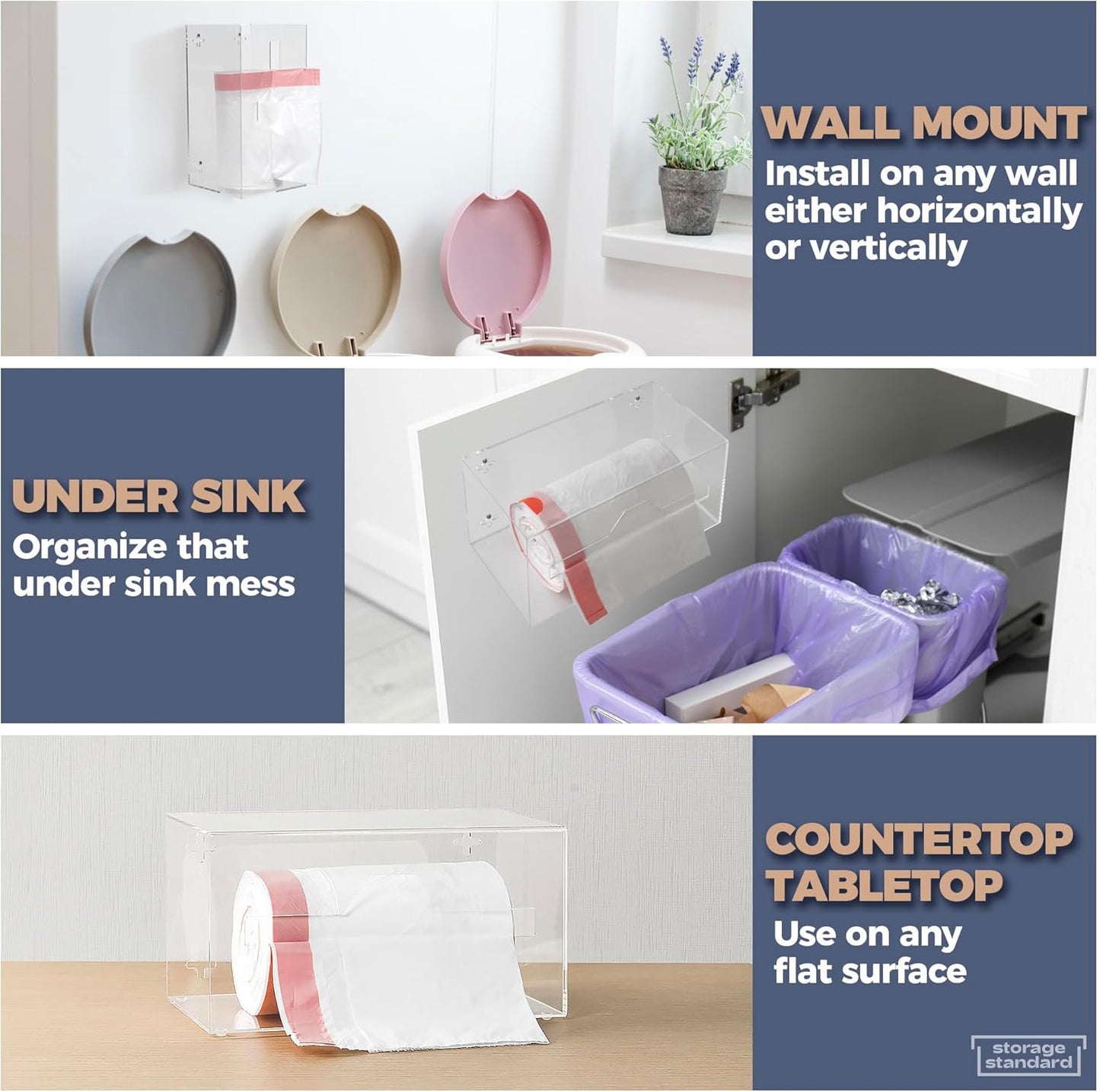 Acrylic Trash Bag Holder Dispenser, Clear Open-Side Garbage Bag Roll Organizer for Cabinet, Wall or Countertop Storage - PuriLite