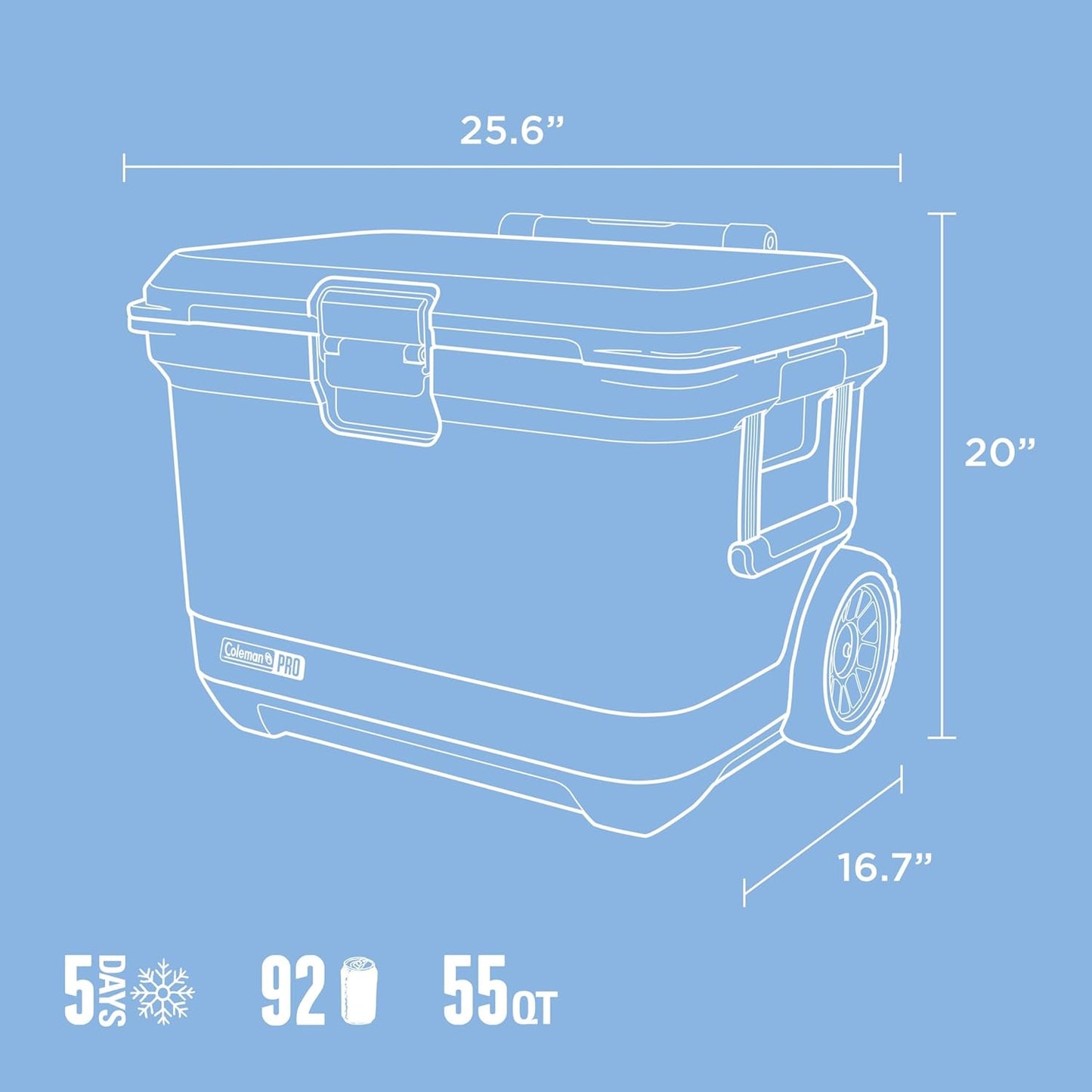Coleman Pro Heavy-Duty Ultra-Light Premium Hard Cooler, 92/74/36-Can Capacity, Extra-Thick Insulation Keeps Ice up to 5/4/3 Days, 55-Quart Wheeled Cooler or 45/25 qt (No Wheels), Blue Sky