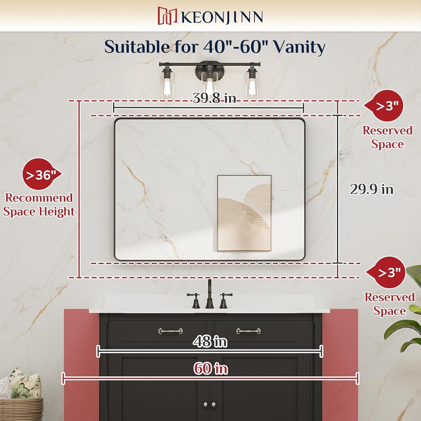 Keonjinn 42 x 36 Brushed Nickel Bathroom Vanity Mirror, Large Rounded Rectangle Bathroom Mirrors for over Sink, Metal Framed Silver Mirror for Wall, Shatterproof HD Tempered Glass(Horizontal/Vertical)