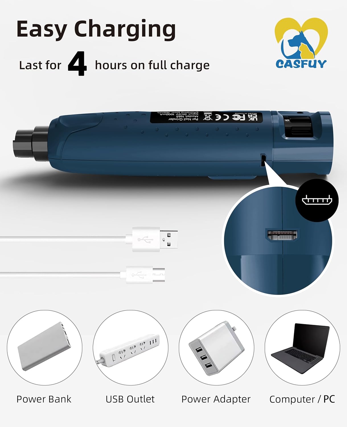 Casfuy Dog Nail Grinder Quiet - (45db)6-Speed Pet Nail Grinder with 2 LED Lights for Large Medium Small Puppy Dogs/Cats, Professional 3 Ports Rechargeable Electric Dog Nail Trimmer with Dust Cap(Blue)