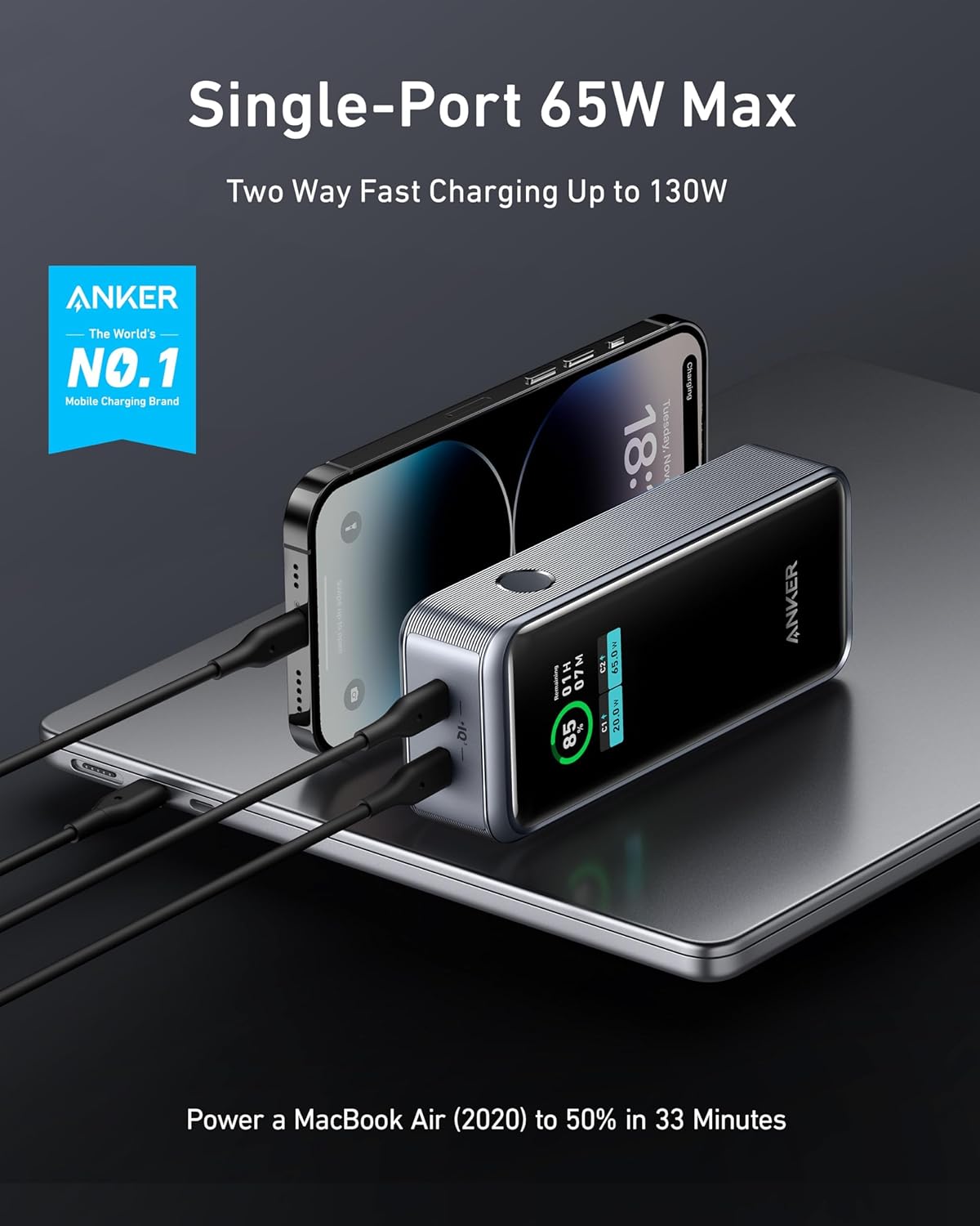 Anker Prime Power Bank, 12,000 mAh 2-Port Portable Charger with 130W Output, Smart Digital Display, Compatible with iPhone 15/15 Plus/15 Pro/15 Pro Max, iPhone 14/13 Series, Samsung, MacBook, Dell
