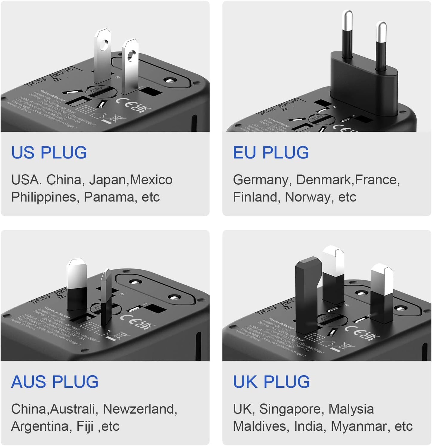 VYLEE Universal Travel Adapter, 65W Fast GaN International Power Adapter, 3PD USB-C+1QC USB-A European Travel Plug Adapter, US, UK, EU, AU Worldwide Travel Charger for Laptops, Tablets, Phones