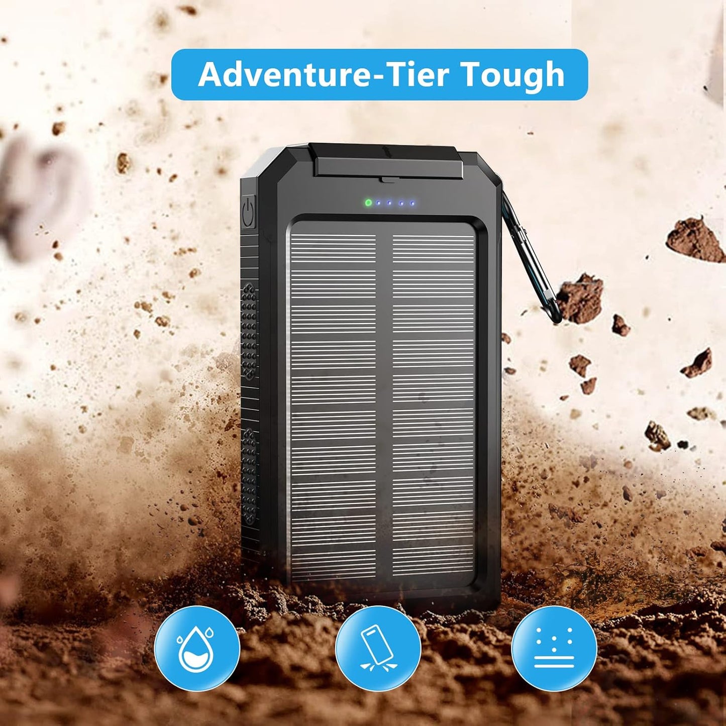 Solar-Charger-Portable-Charger, Power Bank 30000mAh Battery Pack with Dual 5V USB-A Port Output Compatible with iPhone, iPad, 2 x Bright LED Flashlight Perfect for Hiking, Camping, Outdoors