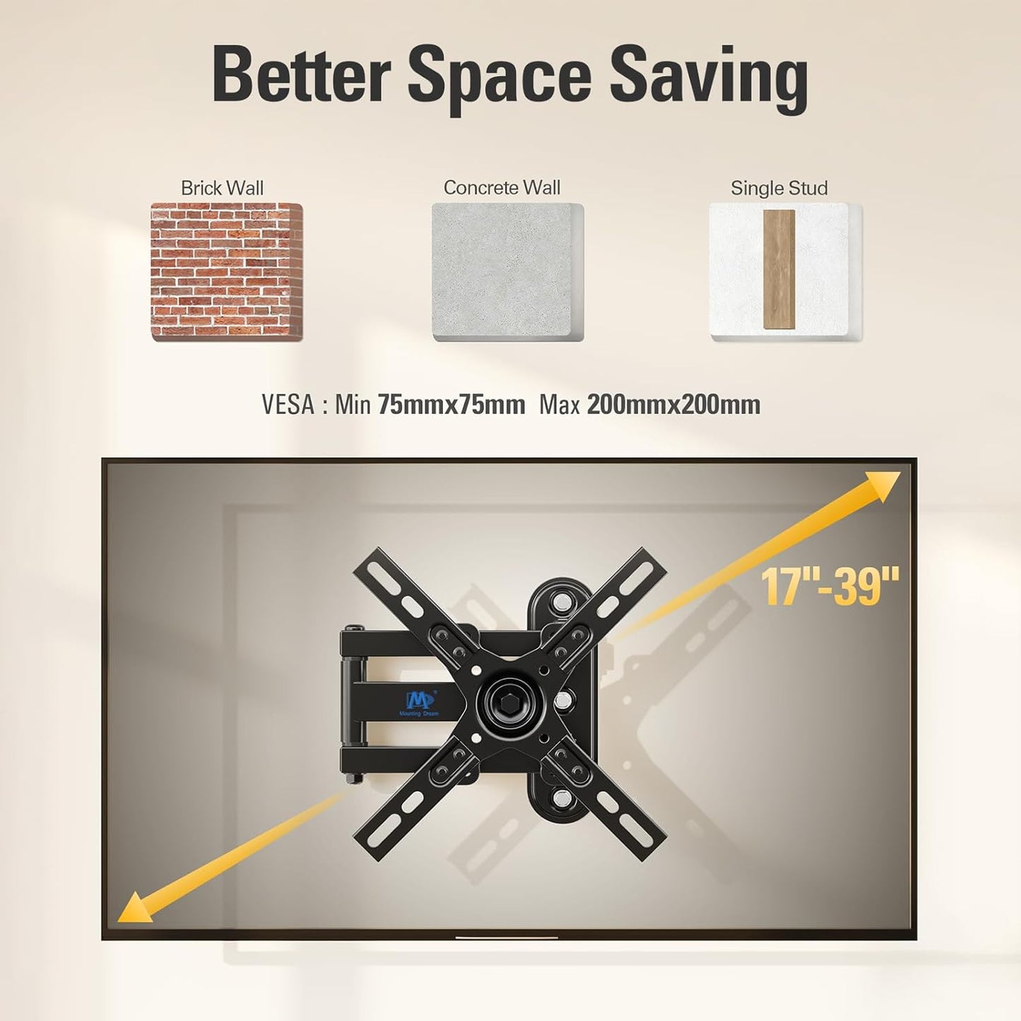 Mounting Dream TV Mount for Most 26-55 Inch TVs, Full Motion TV Wall Mount with Perfect Center Design on Single Stud Articulating Mount Max VESA 400x400mm up to 77 LBS, MD2413-MX