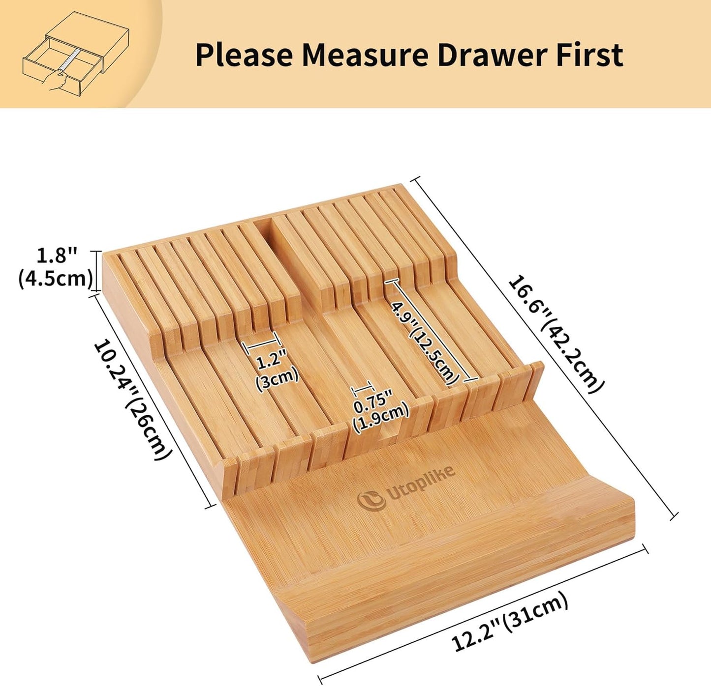 Utoplike in-Drawer Knife Block Bamboo Kitchen Knife Drawer Organizer,Large Handle Steak Knife Holder Without Knives, fit for 16 Knives and 1 Sharpening Steel (16 Knife Organizer)