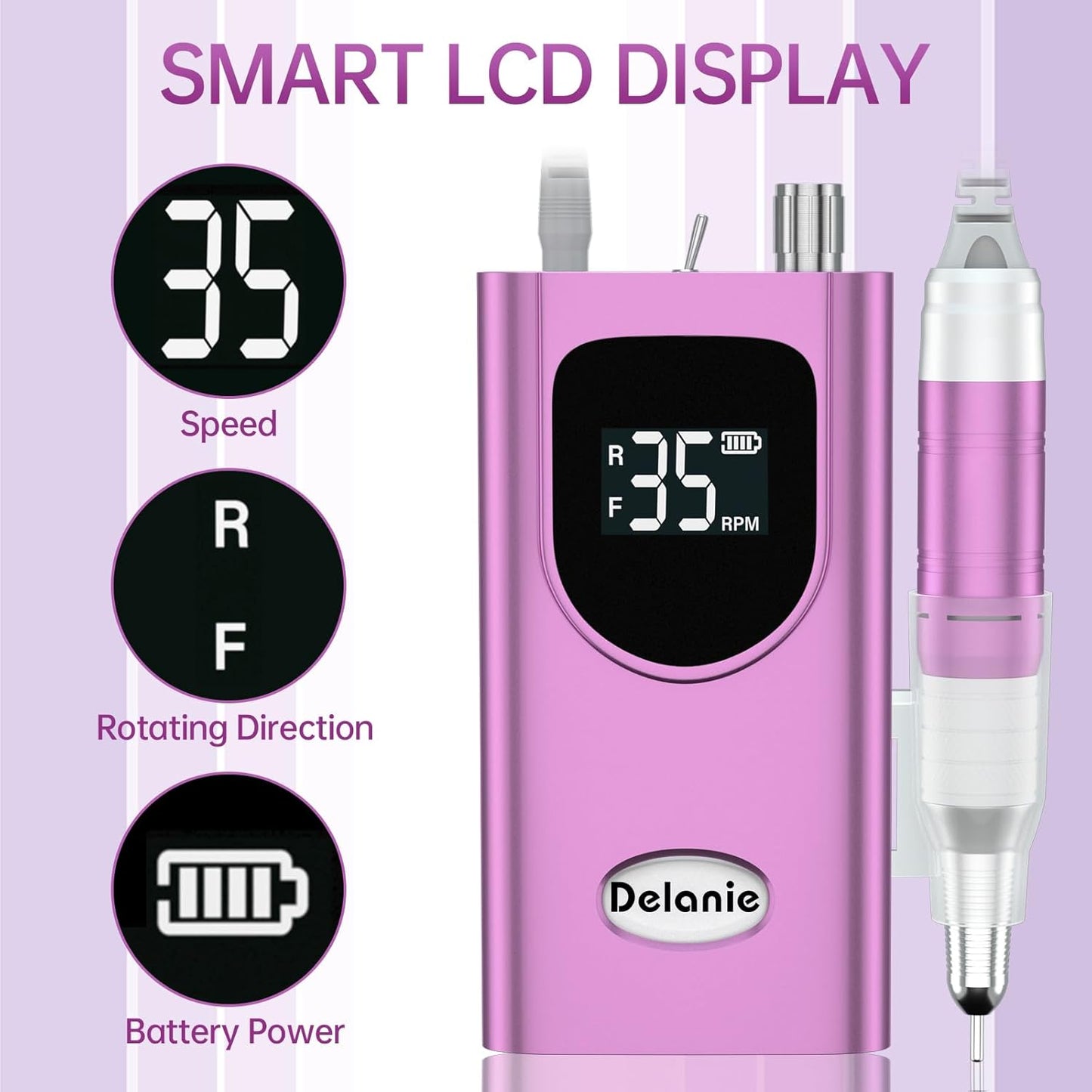 Delanie Professional Nail Drill High Torque 35000 RPM Rechargeable Portable Electric Nail File for Acrylic & Gel, High Speed, Low Heat, Low Vibration, Rose Gold