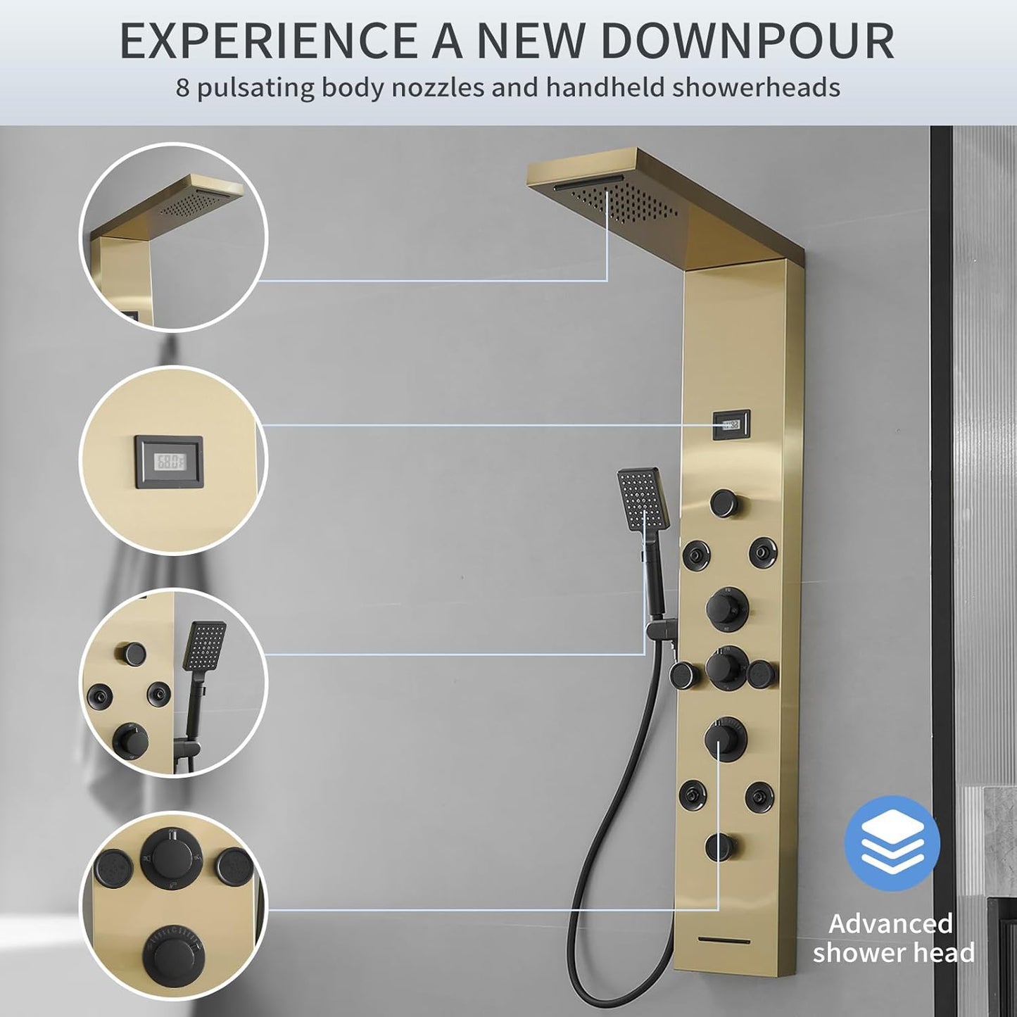 Bathfinesse Shower Tower Bathroom Shower Panel System Rain Massage System 6 in 1 Body Spray Jets Shower Wall Panels Rainfall Waterfall Shower Head Tub Spout with Temperature Display,Matte Black