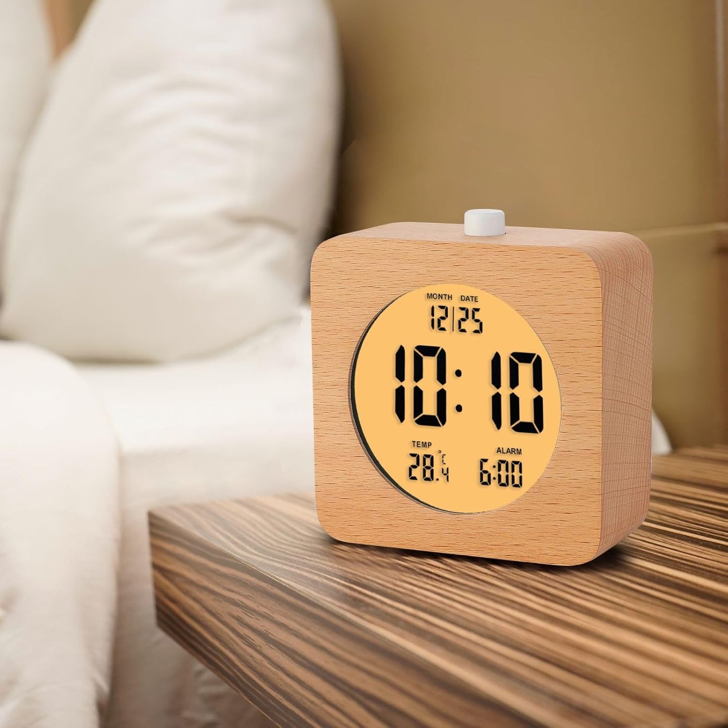 Plumeet Wooden Digital Alarm Clock for Bedrooms, Wood 4'' Battery Powered Alarm Clock with Snooze and Nightlight, Electronic LCD Desk Clock Display Time, Date, Temp, 12/24H, Wood Décor (Sapele, 3.2'')