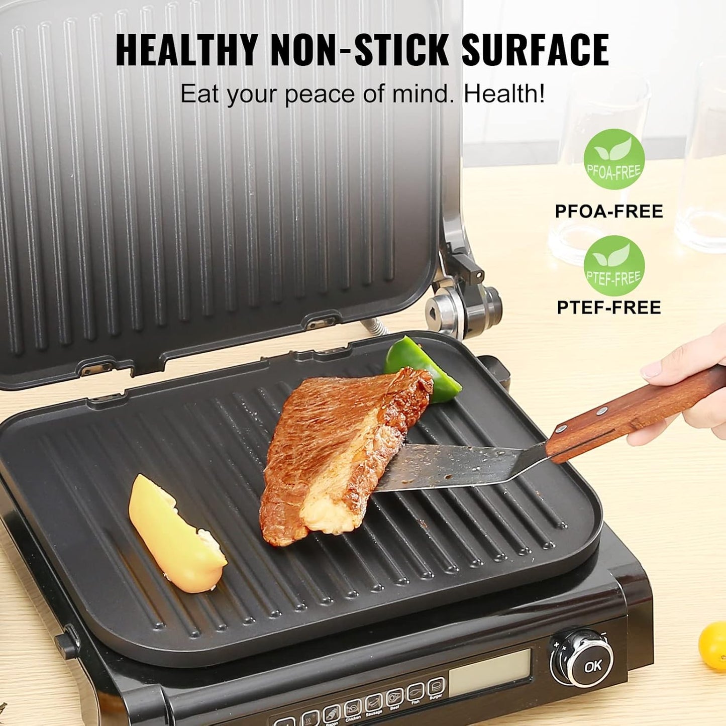 VEVOR 7 IN 1 Electric Contact Grill,1800W Indoor Panini Press Griddle,Stainless Steel Teppanyaki Grill with Nonstick&Removable Iron Plate, 0-446℉ Adjustable Temp Control,LCD Display,110V