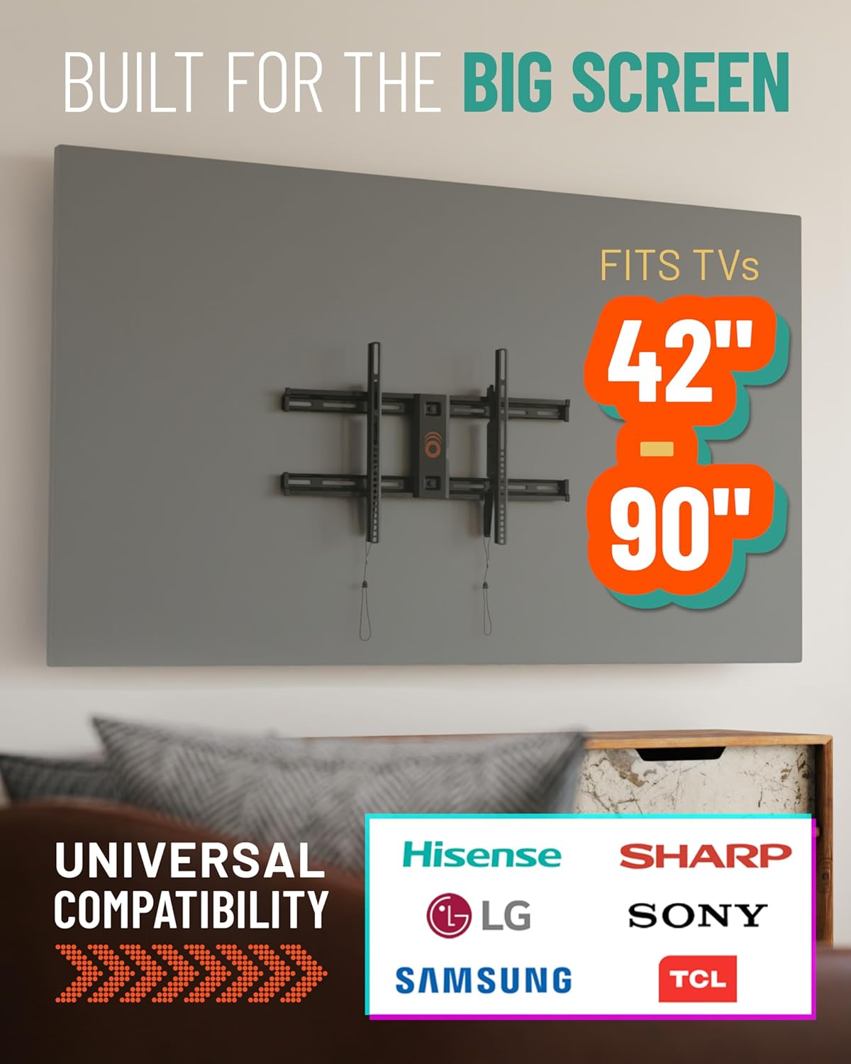 ECHOGEAR Wall Mount for TVs Up to 90" - Low Profile Design Holds Your TV Only 2.25" from The Wall - Fast Install with Template & You Can Level After Mounting - Pull Strings for Easy Cable Access