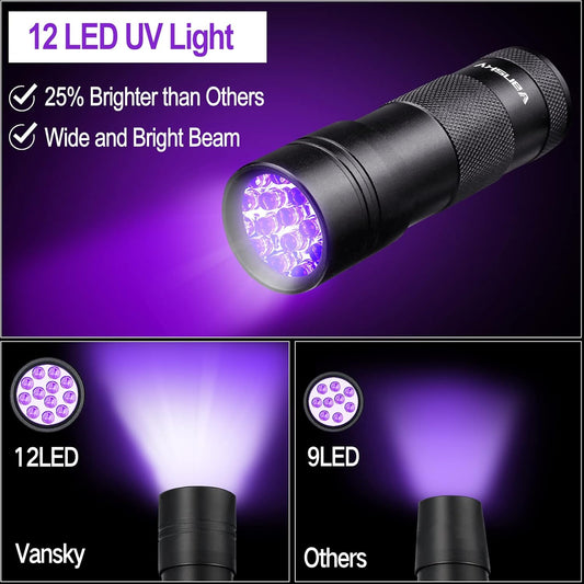 12 LED UV Blacklight Flashlight for Pet Urine Detection, Portable Ultraviolet Stain Finder for Carpets, Rugs, Floors and Home Inspection