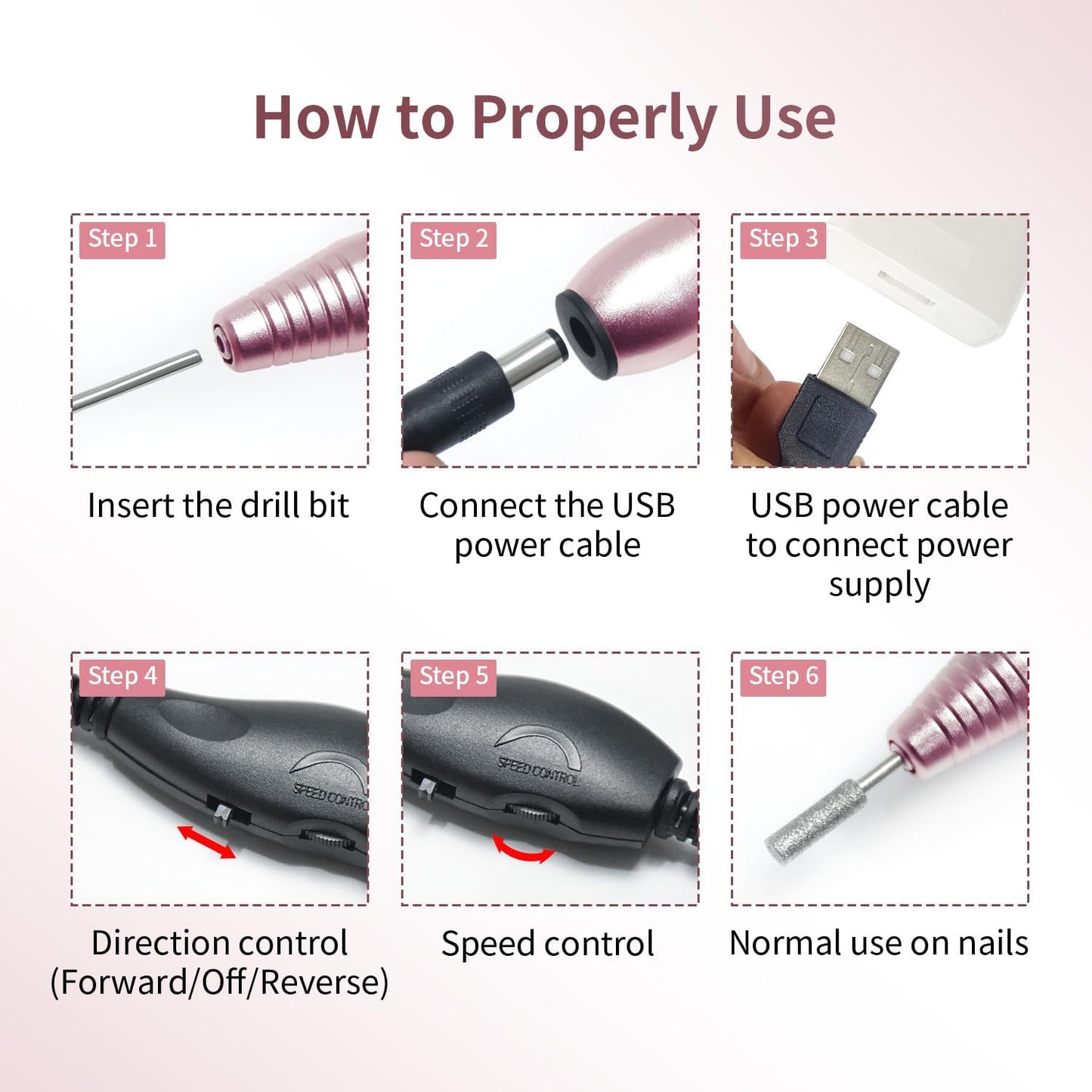 JODSONE Professional Electric Nail Drill 20000RPM Low Noise Work efficiently with 6 Replacement Drills for Salon and Home Use