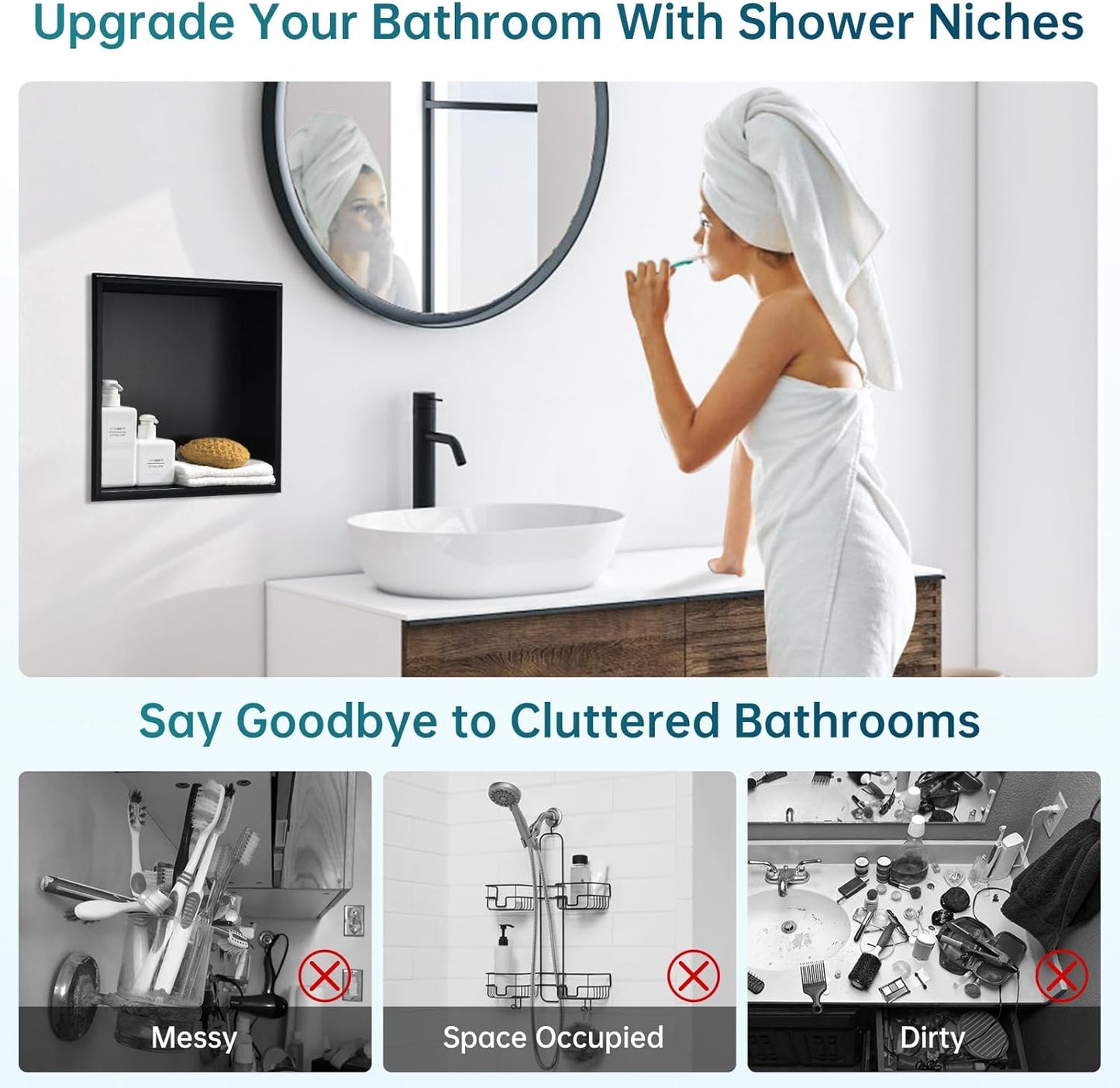BLYLUND Shower Niche 12" x 24" NO Tile Needed,Matte Black Double Shelf Organizer, Square Corners Wall-Inserted Niche Recessed Shower Shelf Modern Soap Niche for Bathroom
