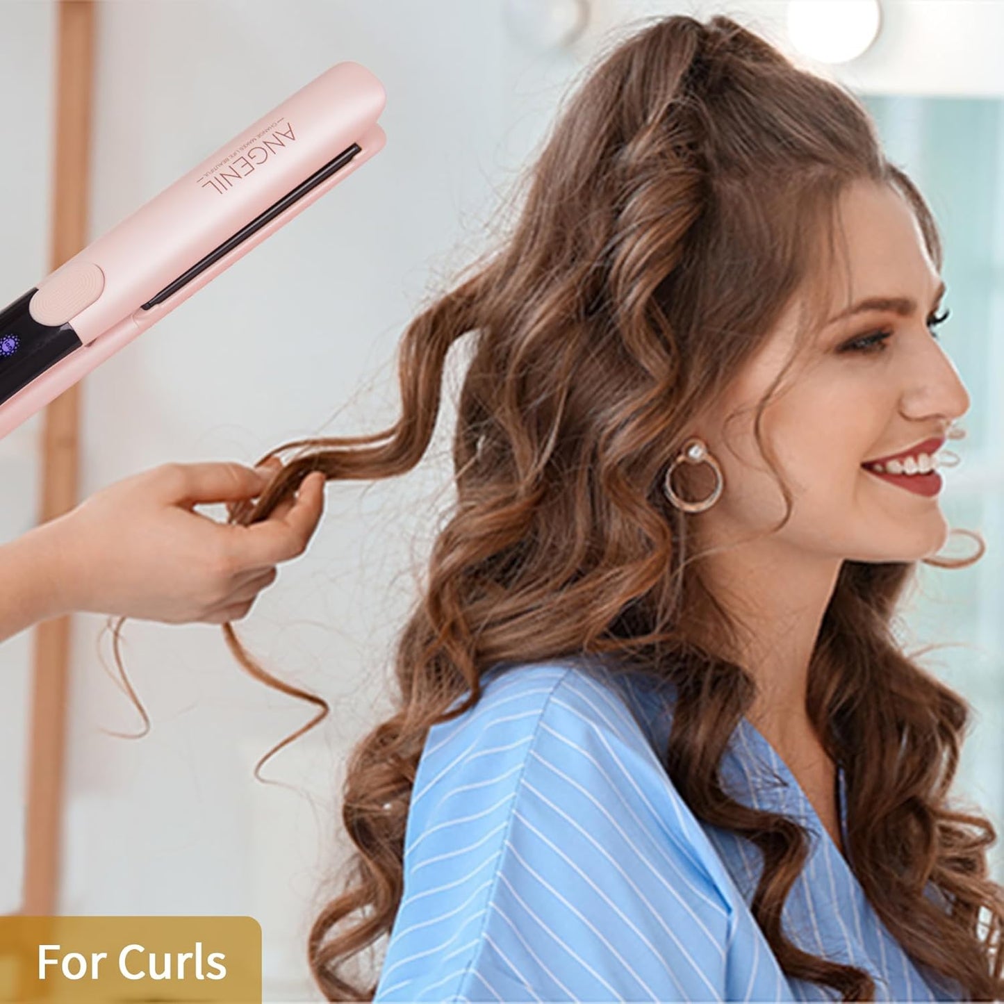 ANGENIL Pro Titanium Flat Iron Hair Straightener, Dual Voltage Straightening and Curling Iron in One, 15s Fast Heating, Negative Ion Round Pink Hair Straightener with Heat Resistant Silicone Mat Pad