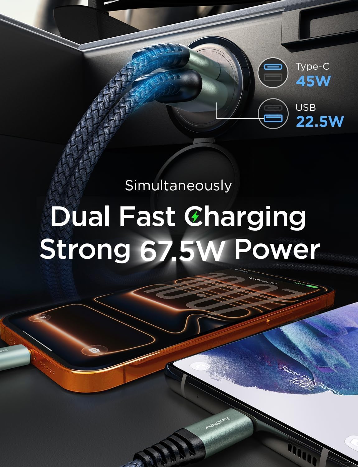 AINOPE 67.5W Mini Car Charger USB C Fast Charger, Cigarette Lighter Adapter, USB C Car Charger, Aviation-Grade Metal 12V USB Outlet for iPhone 17 16 Pro Max Air Samsung Android Electrical Accessories - PuriLite
