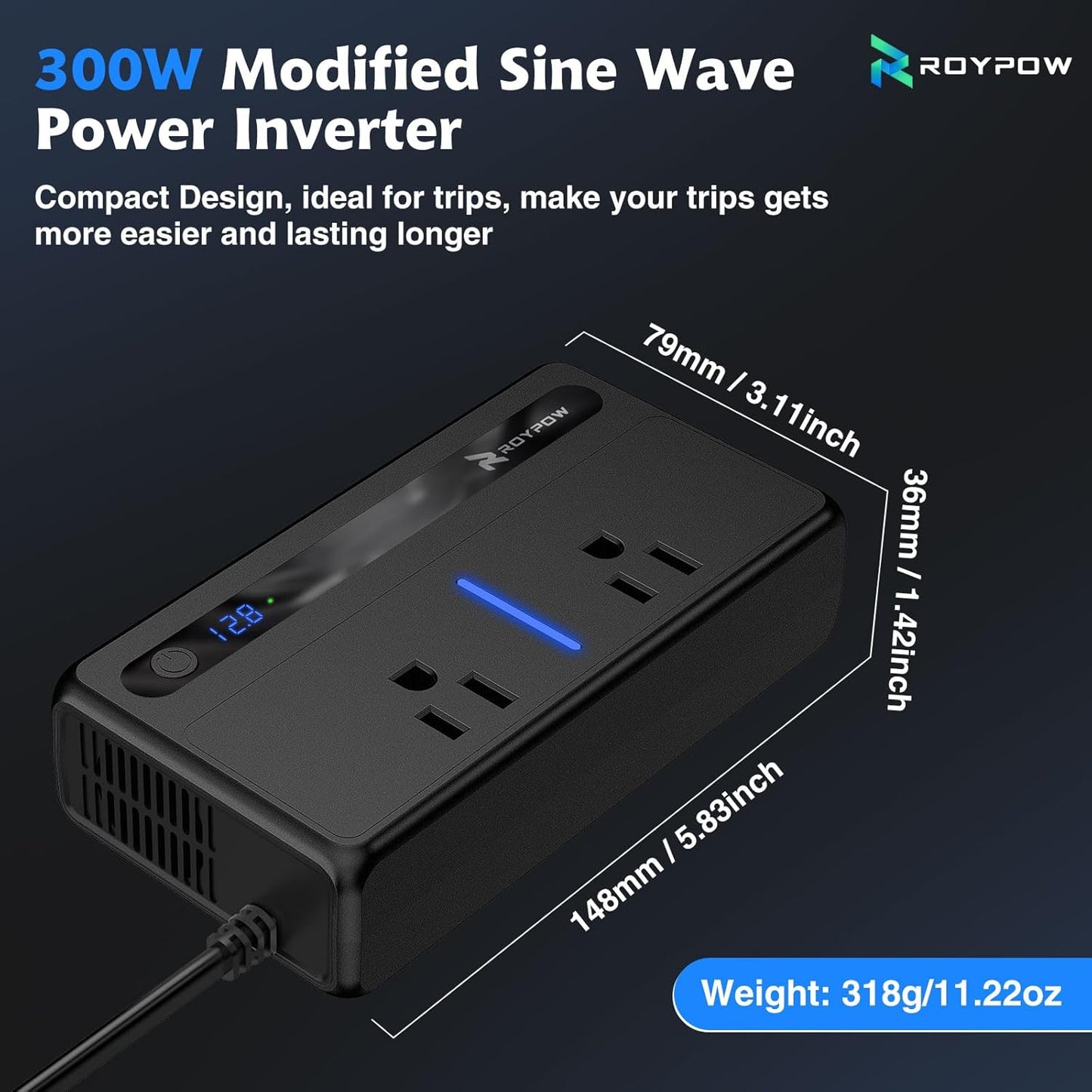 RoyPow 200W Car Power Inverter, DC 12V to 110V AC Power Inverter with Cigarette Lighter Port, Car Plug Adapter Outlet with 3.4A USB-A, QC3.0 24W, PD 30W, PD 36W, Dual AC Outlets, Car Charger Adapter