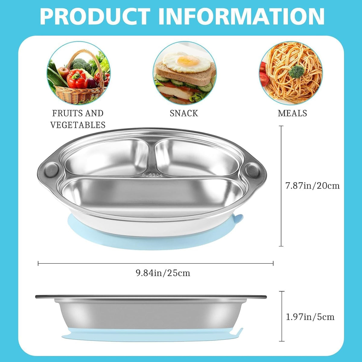 BPA-Free 100% Food-Grade Stainless Steel Baby Plates with Suction Divided Designed for Babies and Toddlers, Ideal for Kids Infant Baby-Led Weaning Toddler Feeding Supplies Dishwasher Safe