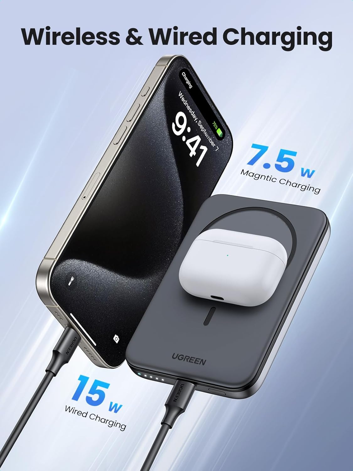 UGREEN Magnetic Power Bank 5000mAh, 15W USB C PD Fast Charge Portable Charger Compatible with iPhone 16 Pro Max, 15,14 Plus, 13, 12 Series with 60W 0.5M Cable, Black