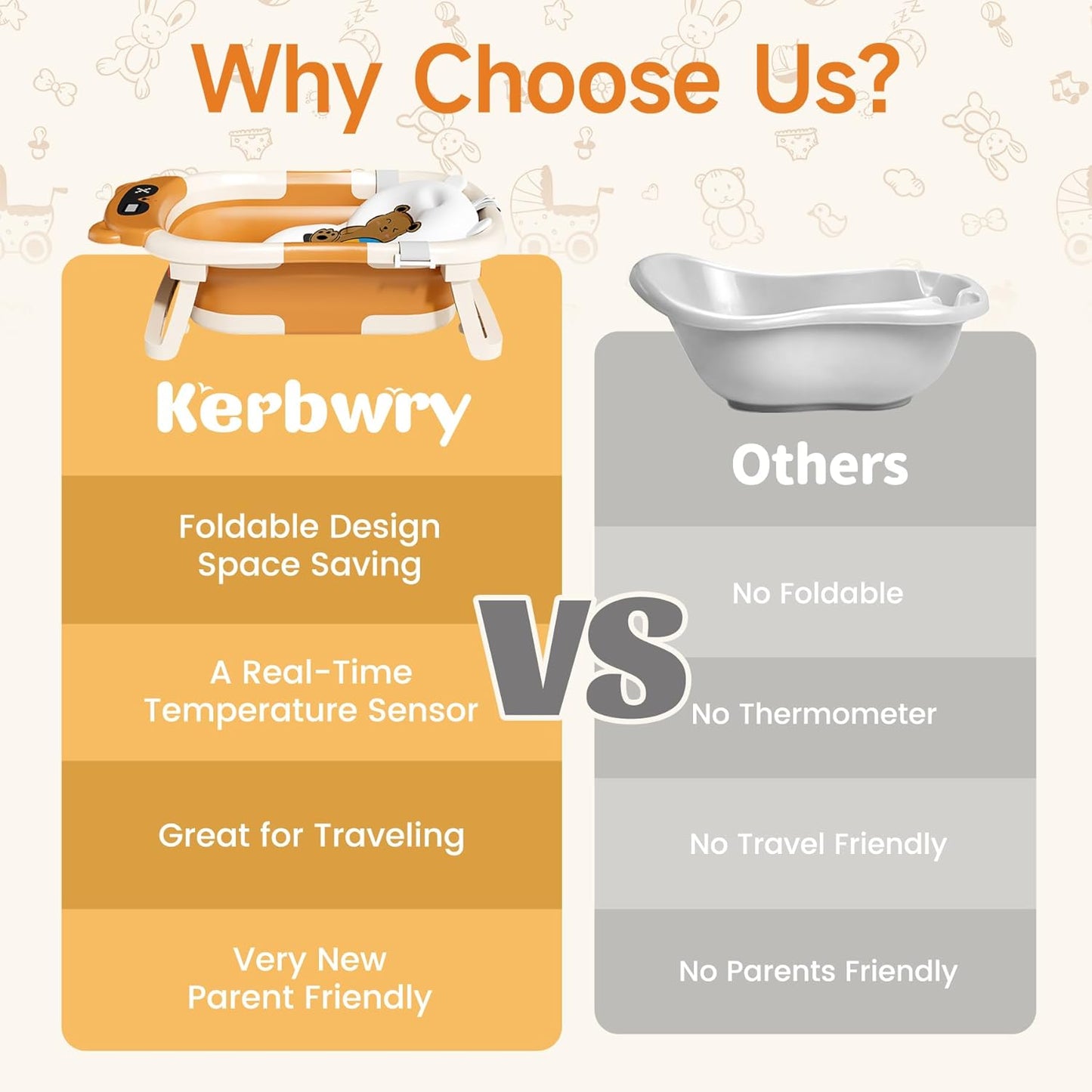 Kerbwry Baby Bathtub for Newborn to Toddler, Baby Bath Tub with Soft Towel and Floating Cushion, Baignoire Pour Bébé, Shower Essentials for Newborn (0-18 Months) Grey