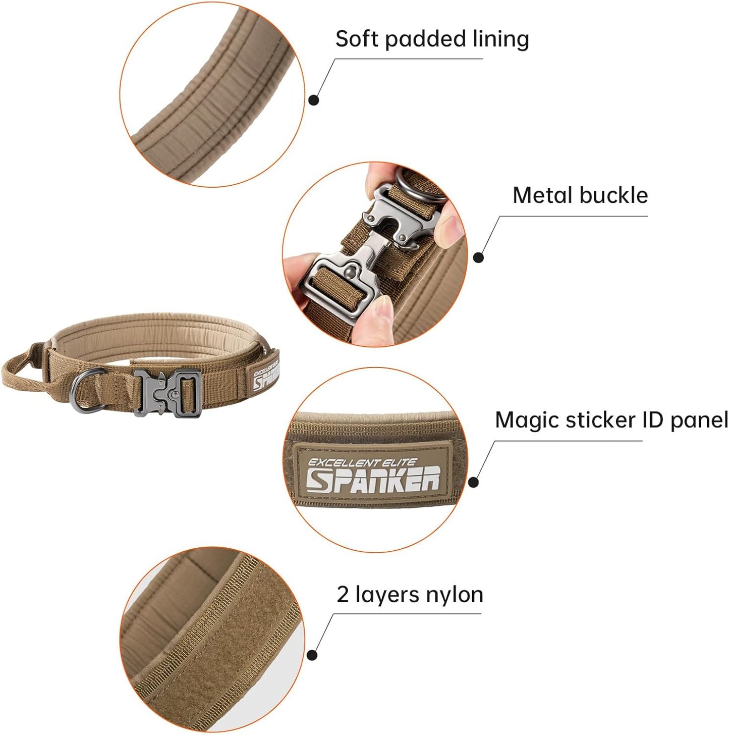 EXCELLENT ELITE SPANKER Tactical Dog Collar Nylon Adjustable K9 Collar Military Dog Collar Heavy Duty Metal Buckle with Handle(Coyote Brown-XL)
