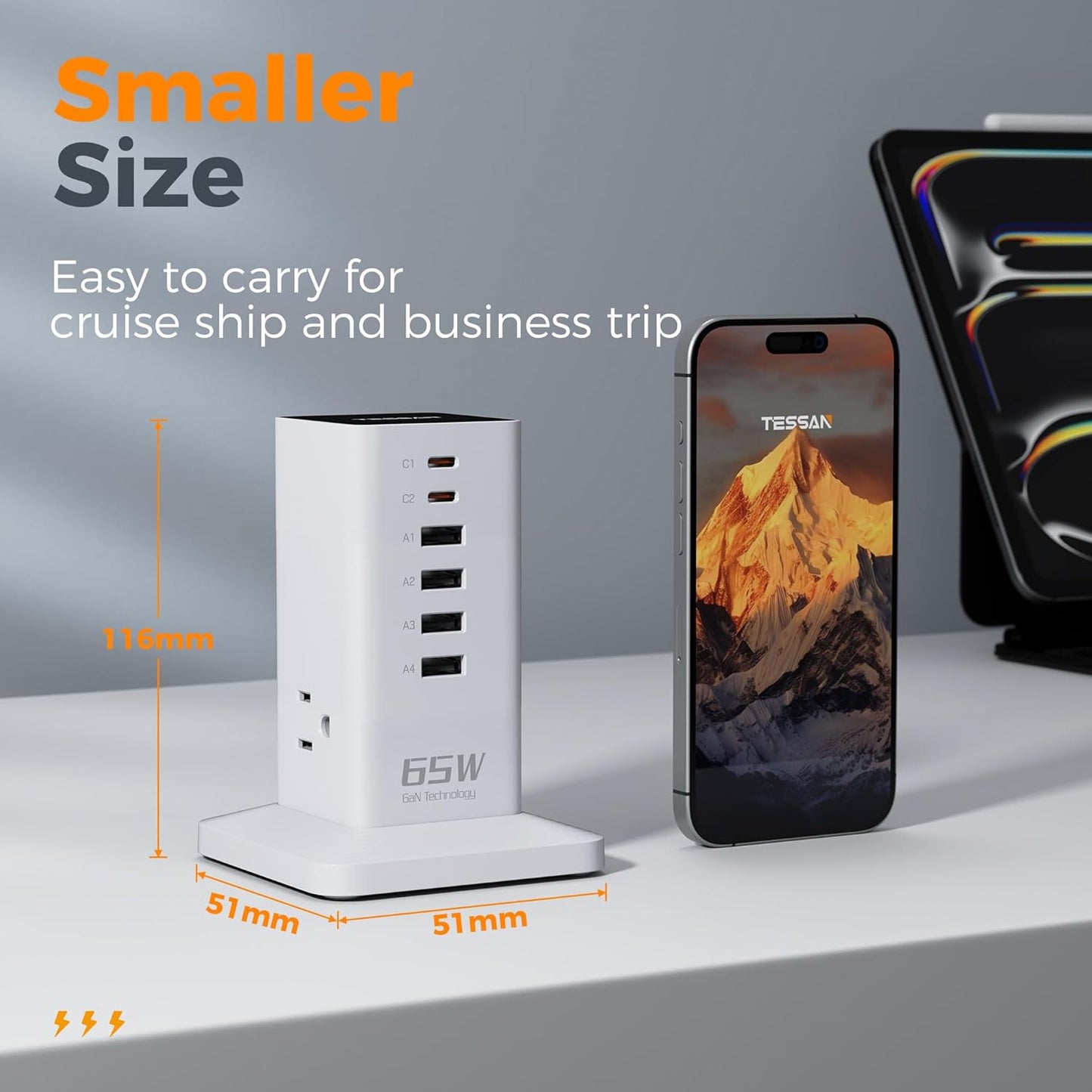 Charging Station, TESSAN 65W Max GaN USB C Charger Block, 6-Ports and 3 AC Outlets Power Tower, Fast Charging for Multiple Devices, Compatible with iPhone, Samsung and More, White