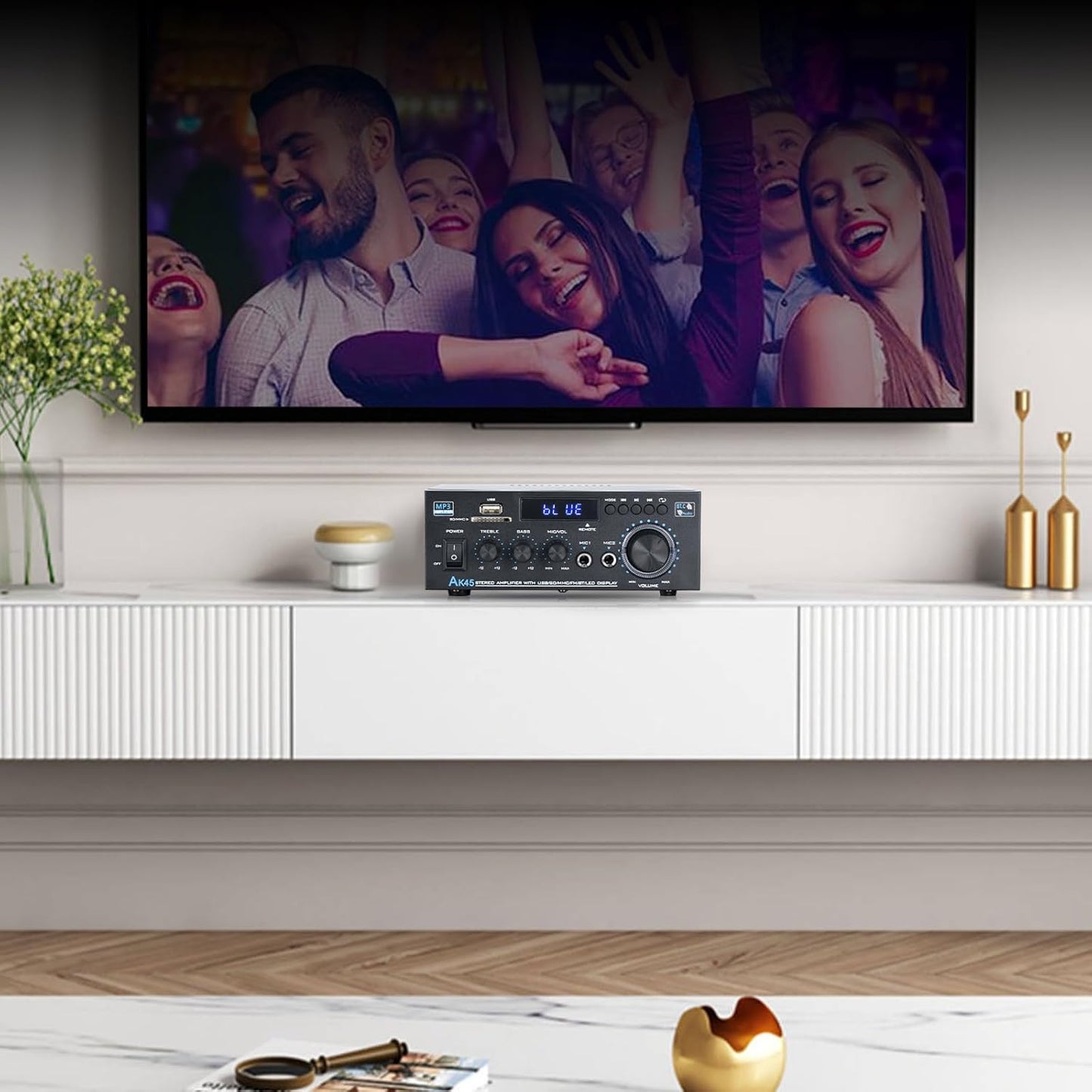 Stereo Receiver Amplifier Home Audio Amp, AK45 Bluetooth Receiver for Home Stereo, 300Wx2, Bluetooth 5.0, 2 Channel Amp with USB/SD/RCA/MIC/FM and Remote for Karaoke Party