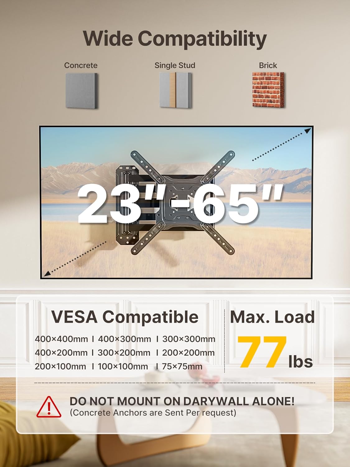 monTEK Long Arm TV Wall Mount for Most 23-65 Inch TVs, 37 Inch Long Extension TV Mount Swivel and Tilt, Full Motion Wall Mount TV Bracket Fit Max VESA 400 x 400mm, Up to 77 lbs