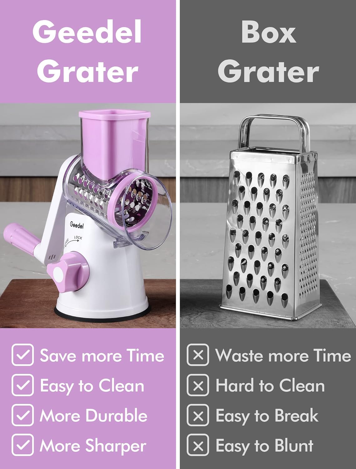 Geedel Kitchen Cheese Grater, Rotary Mandoline Vegetable Slicer with Interchangeable Blades, Easy to Use Rotary Grater Slicer for Fruit, Vegetables, Nuts